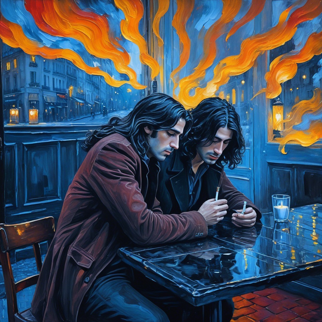 Contemplative Men in Café Surrounded by Flames