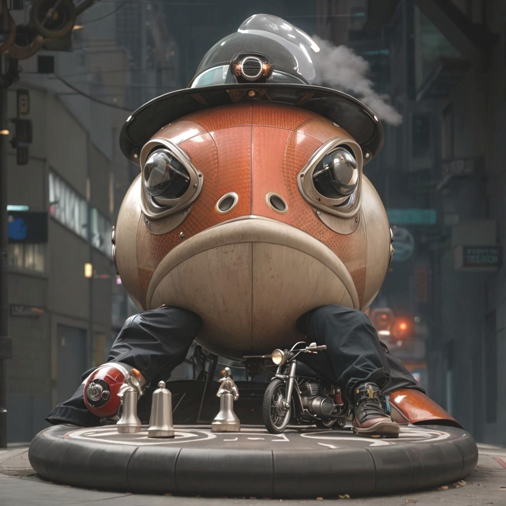 Whimsical Robot Fish in Urban Alley Setting