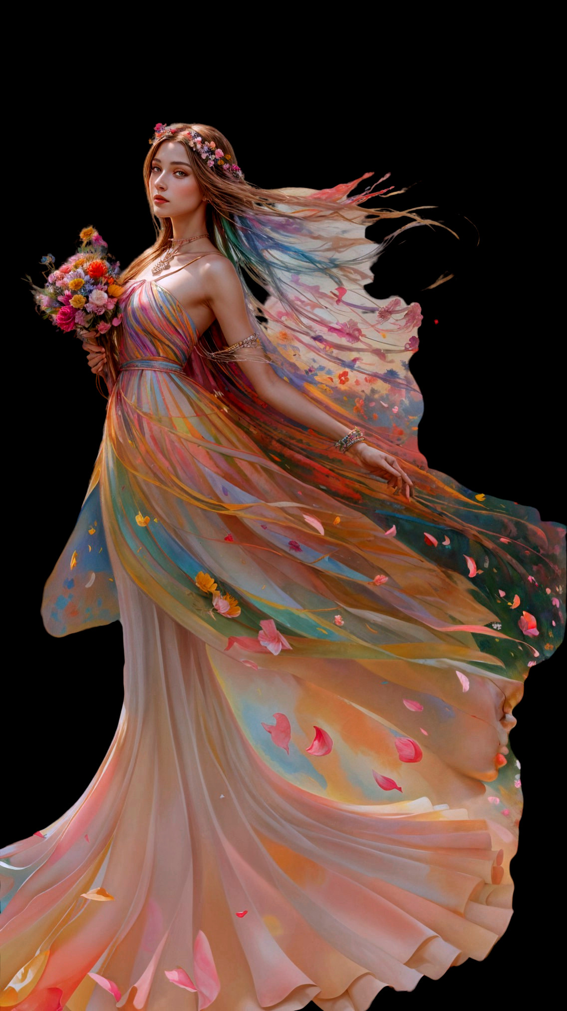 Ethereal Woman in Multi-Colored Dress with Flowers