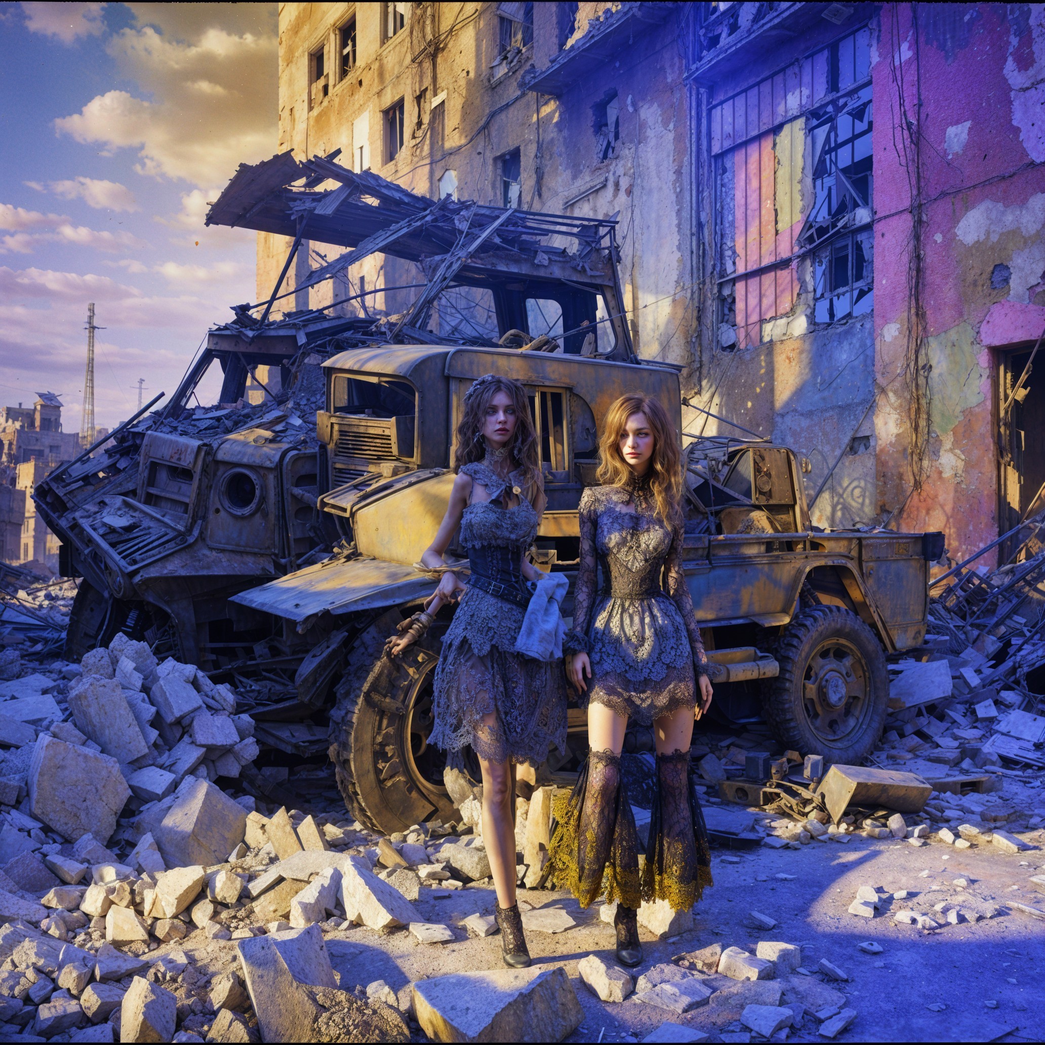 Elegantly Dressed Women in Post-Apocalyptic Ruins
