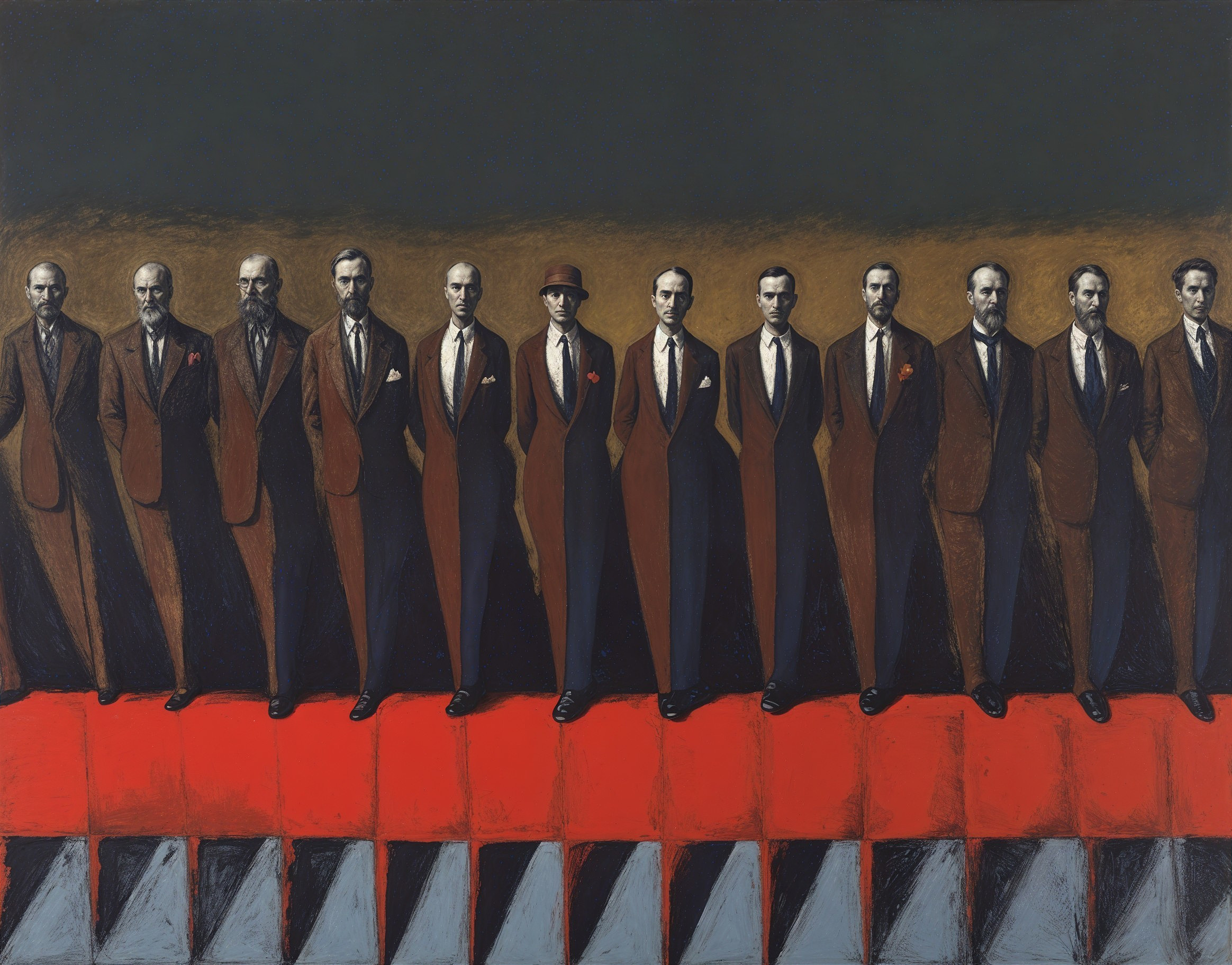 Eleven Men in Formal Suits Against Geometric Background