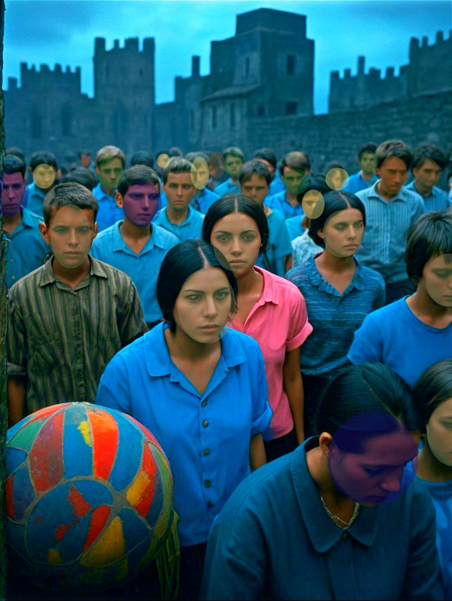 Individuals in Blue Attire in Somber Setting