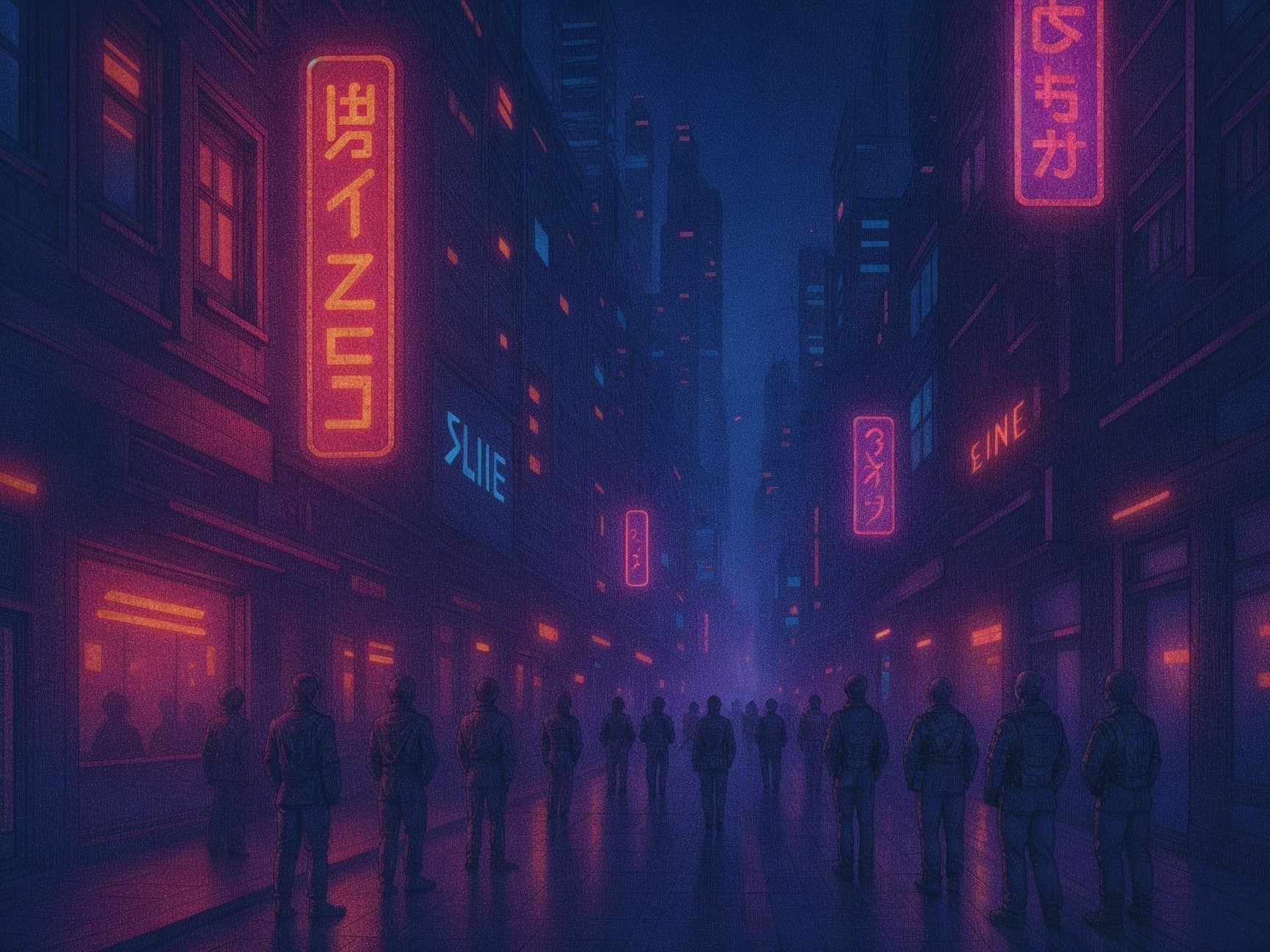 Urban street scene with neon signs and shadows