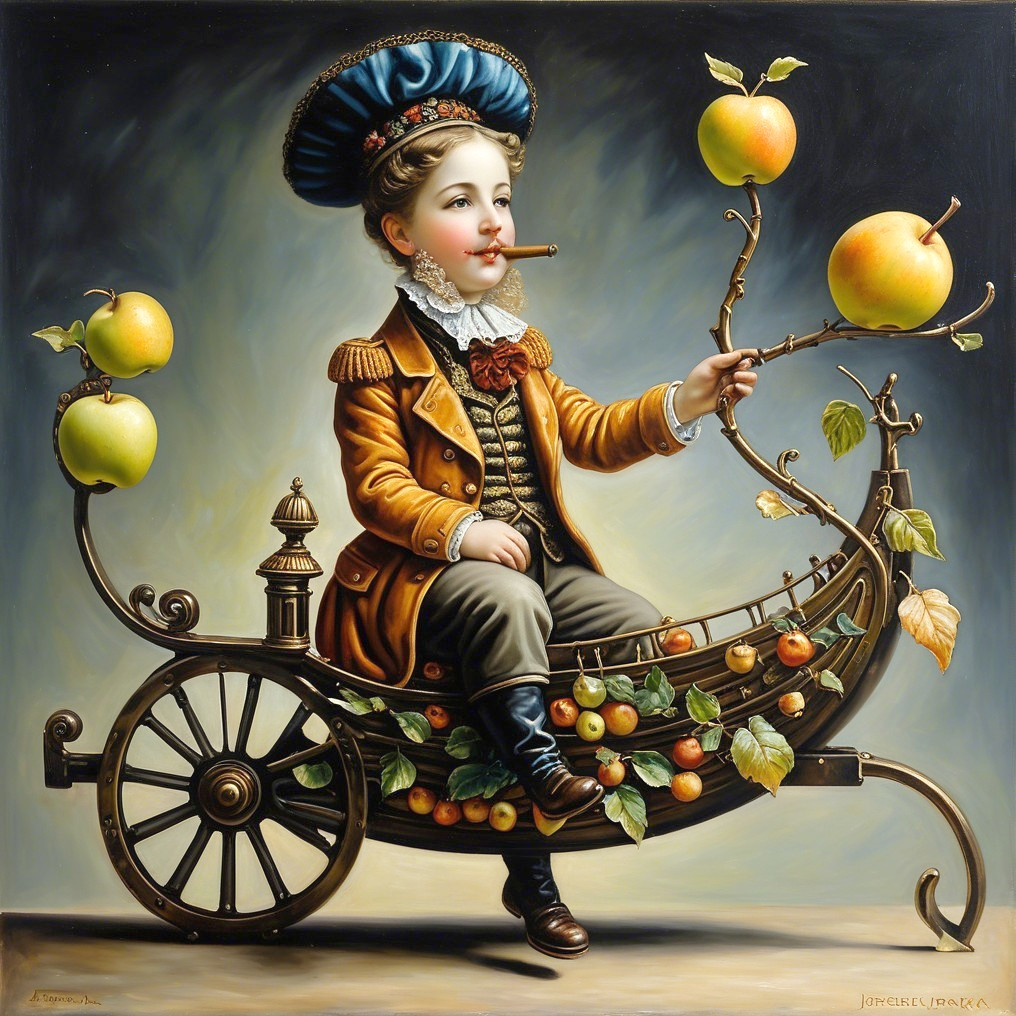 Young Boy in Vintage Outfit on Whimsical Apple Cart