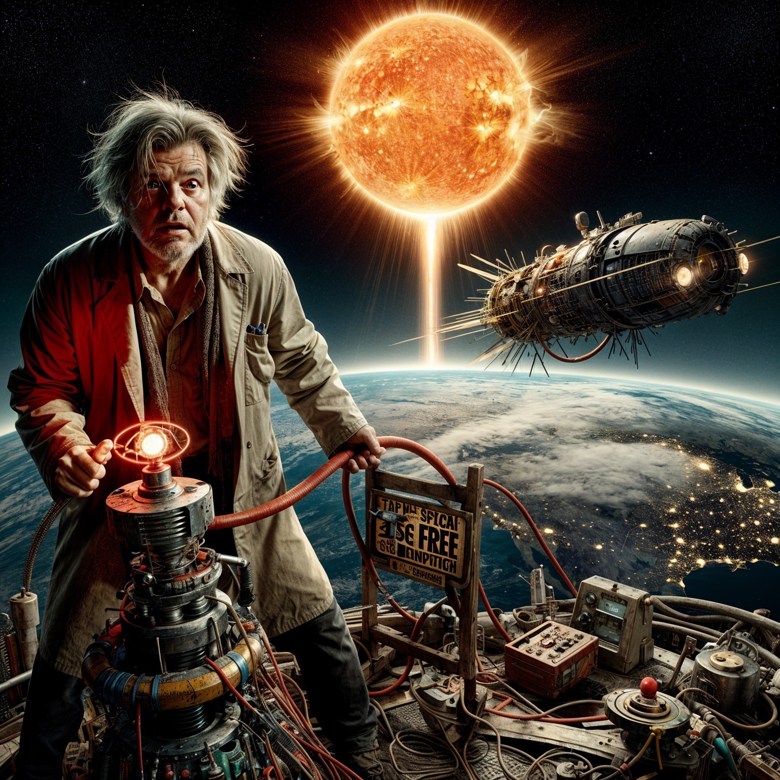 Frantic Scientist with Glowing Device in Futuristic Scene