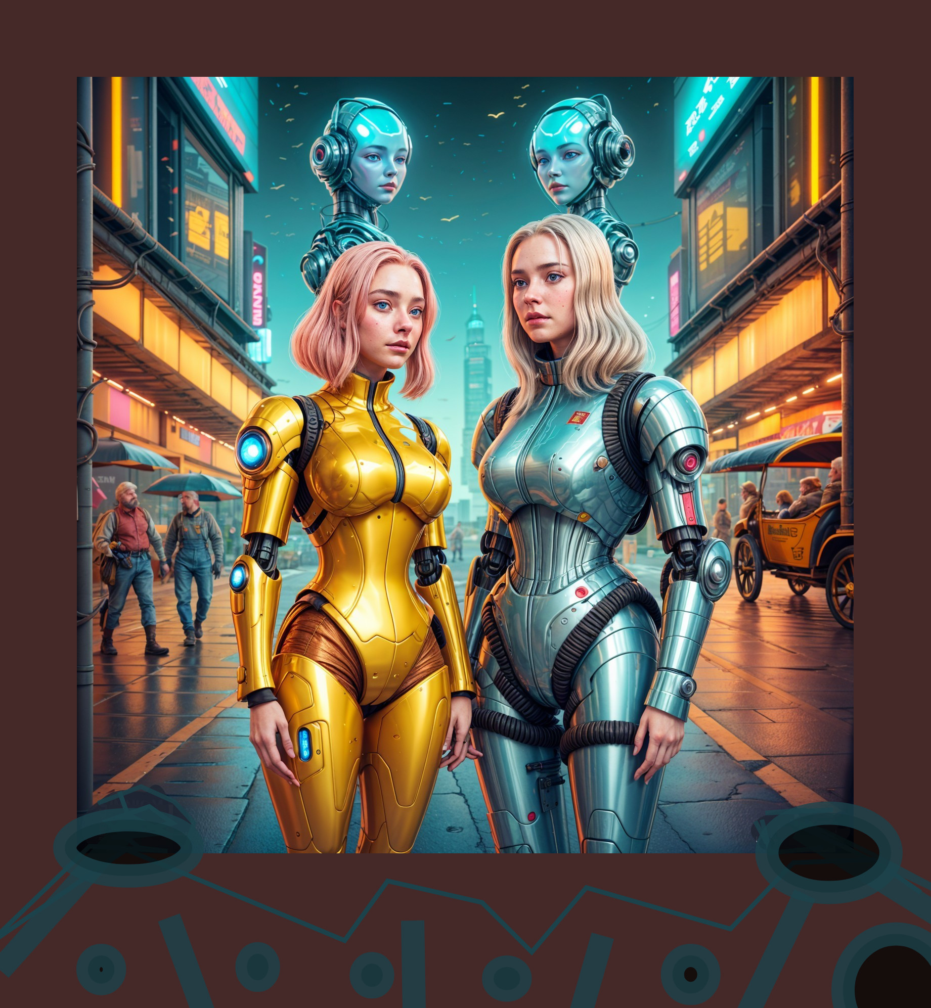Futuristic City Scene with Women in High-Tech Suits
