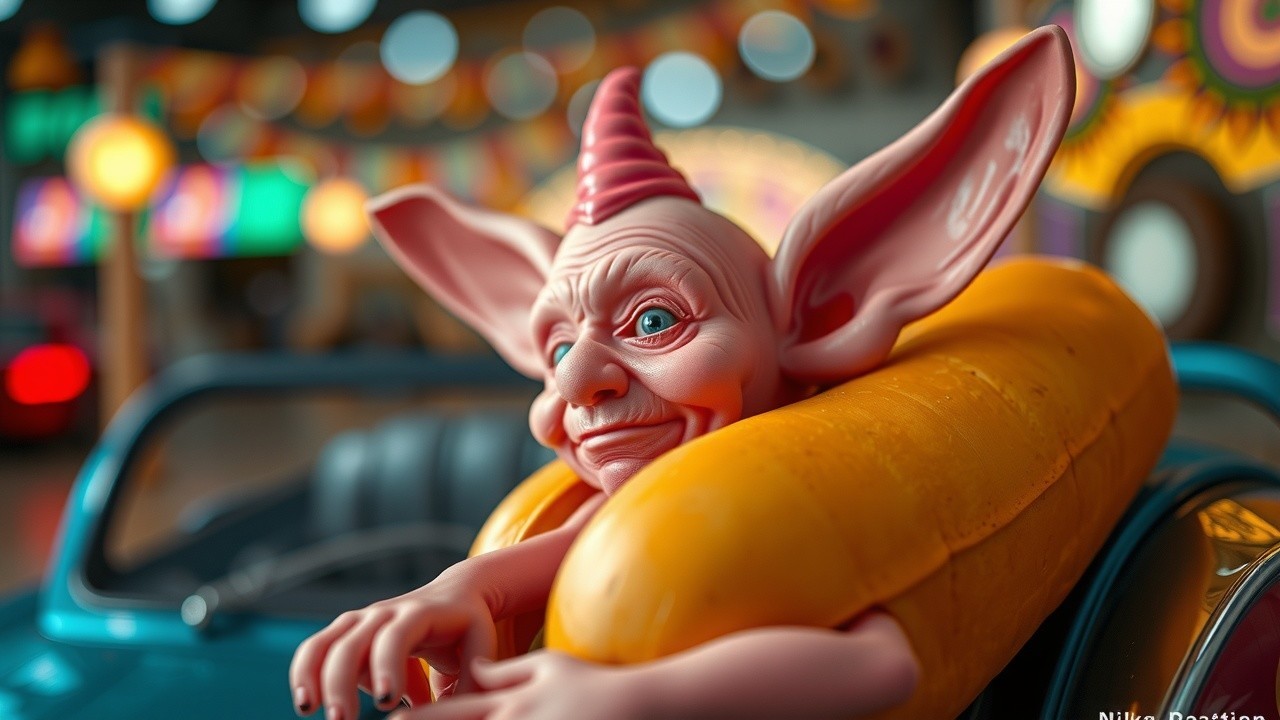 Whimsical Character in Colorful Vintage Car Scene