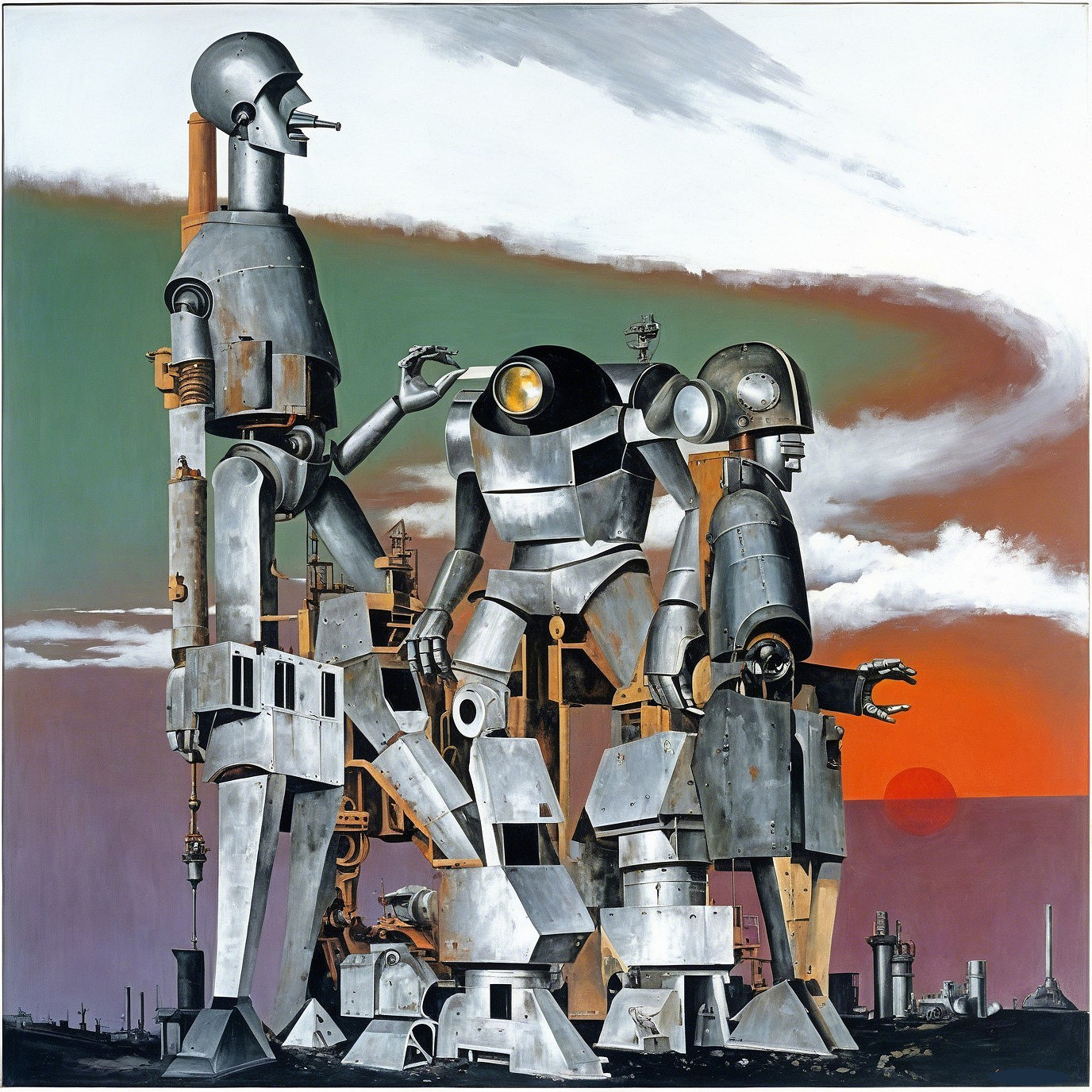 Metallic Robots Against a Sunset in Industrial Landscape