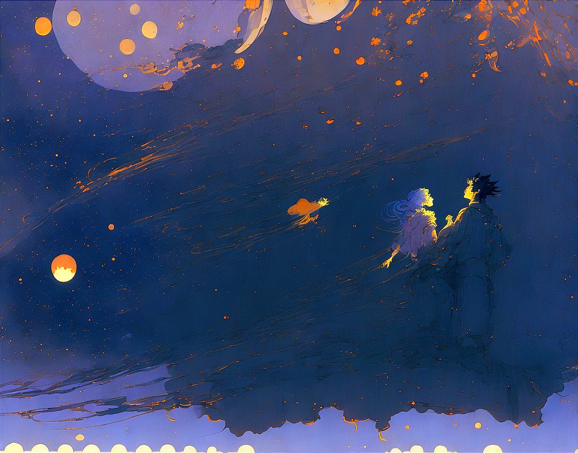 Night Sky with Figures Under Cosmic Colors