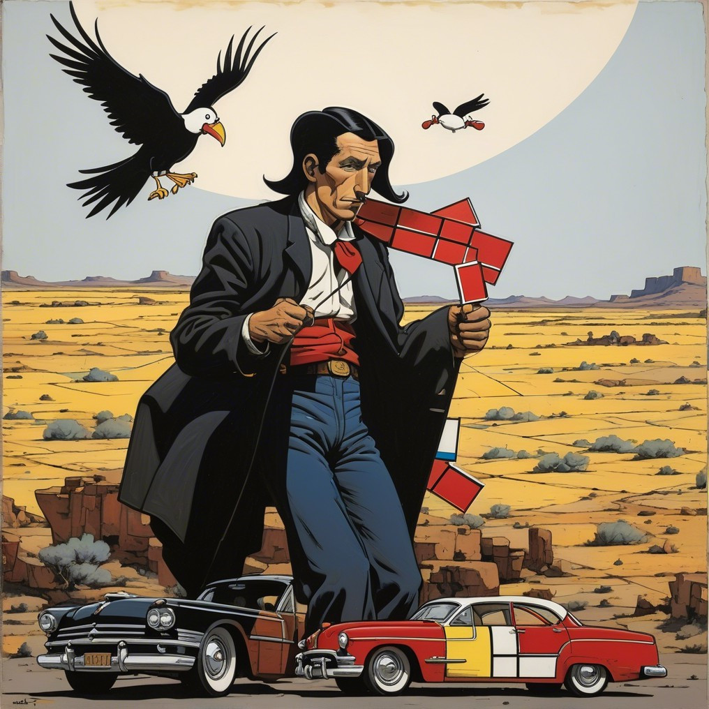 Suave Man with Geometric Shapes in Desert Landscape