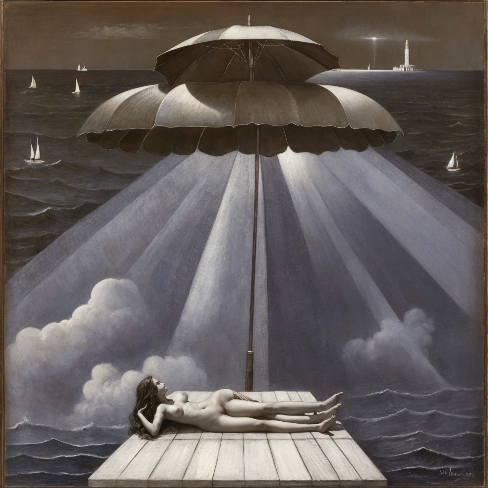 Coastal Scene with Wooden Platform and Reclining Figure