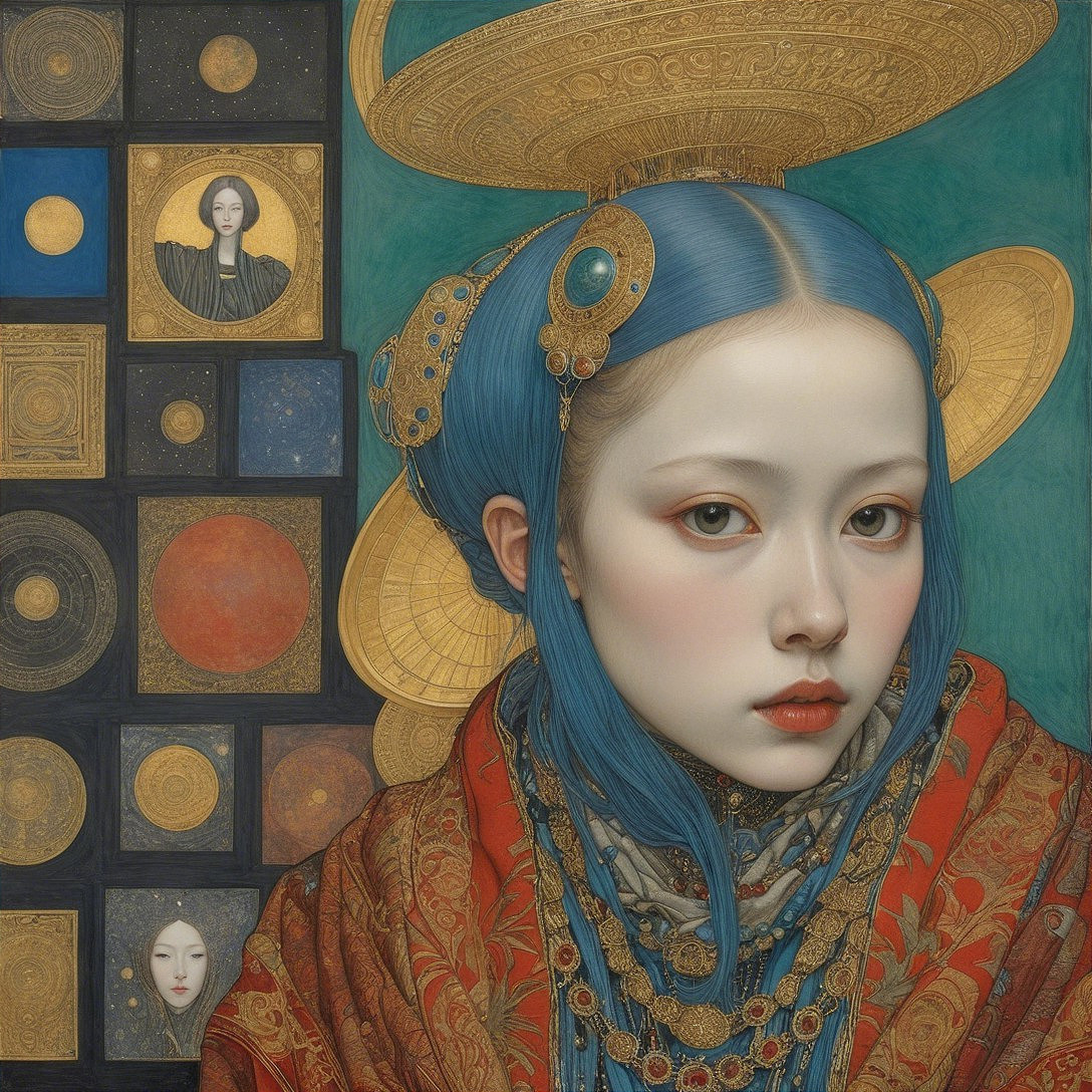 Young Woman with Blue Hair and Cosmic Backdrop