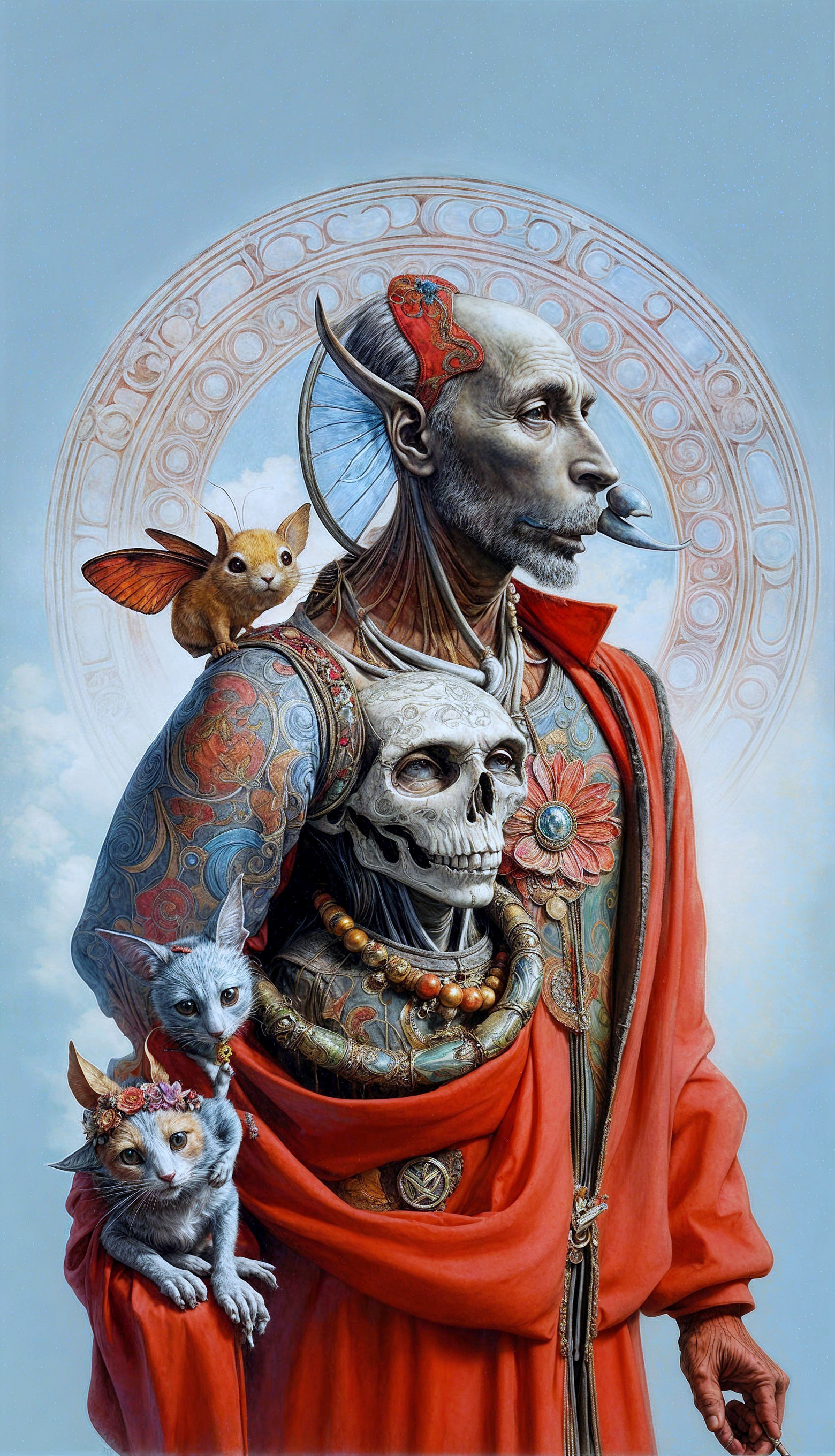 Humanoid Figure with Animal Traits in Vibrant Robes