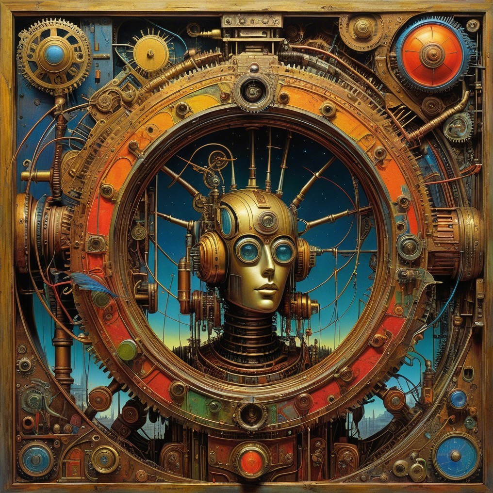 Steampunk Robotic Head Surrounded by Gears and Colors