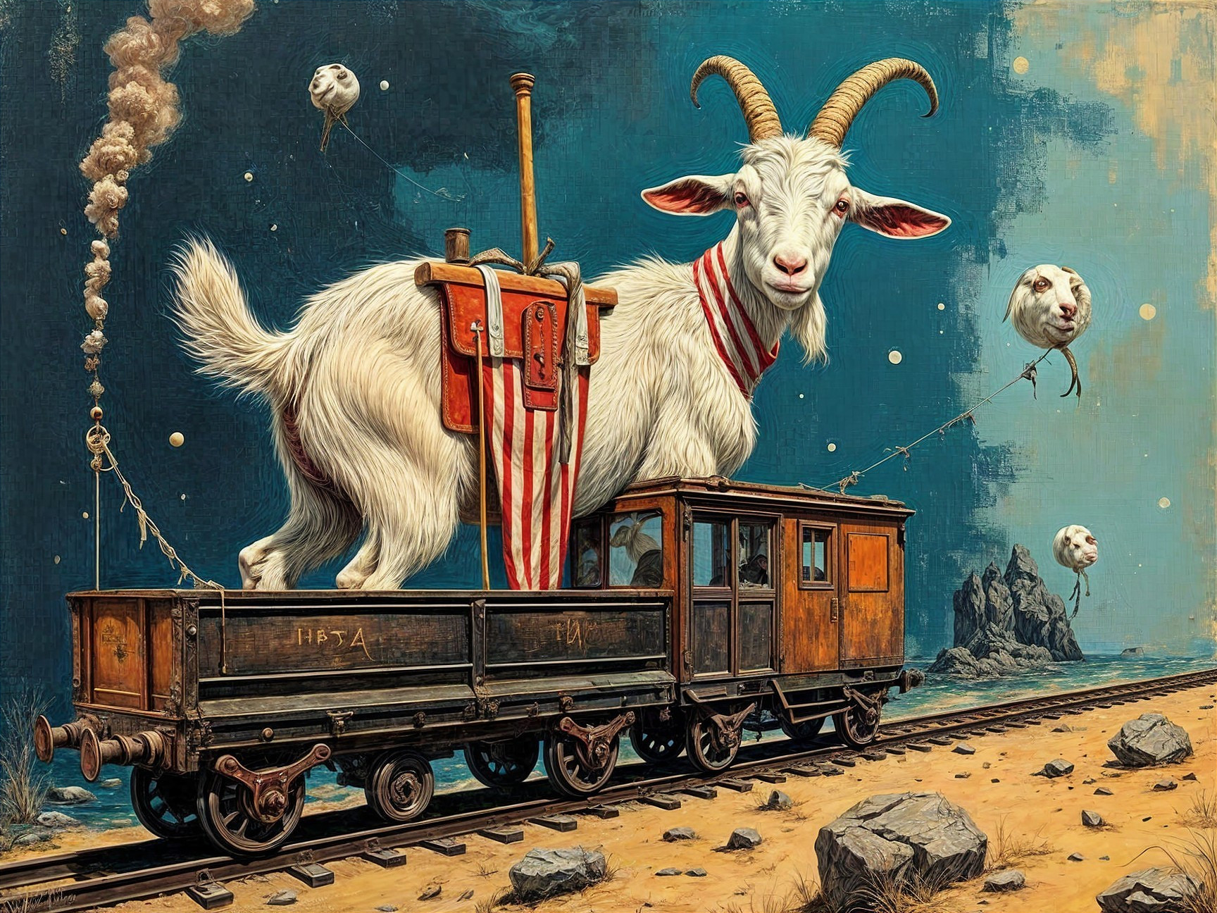 Goat on Vintage Train Car with Surreal Sky and Clouds