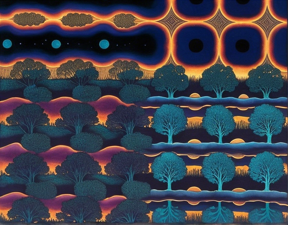 Surreal Landscape with Colorful Trees and Patterns