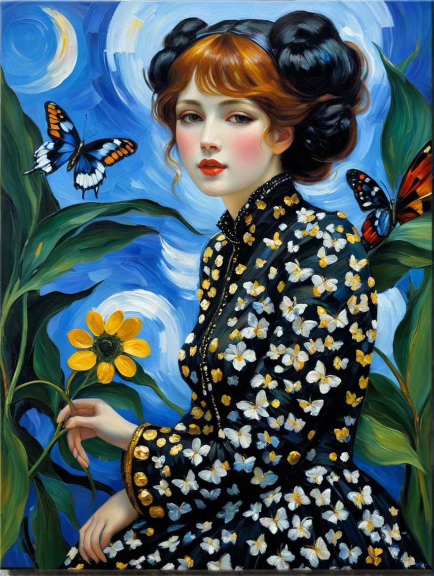 Portrait of a Young Woman in Black Dress with Sunflower
