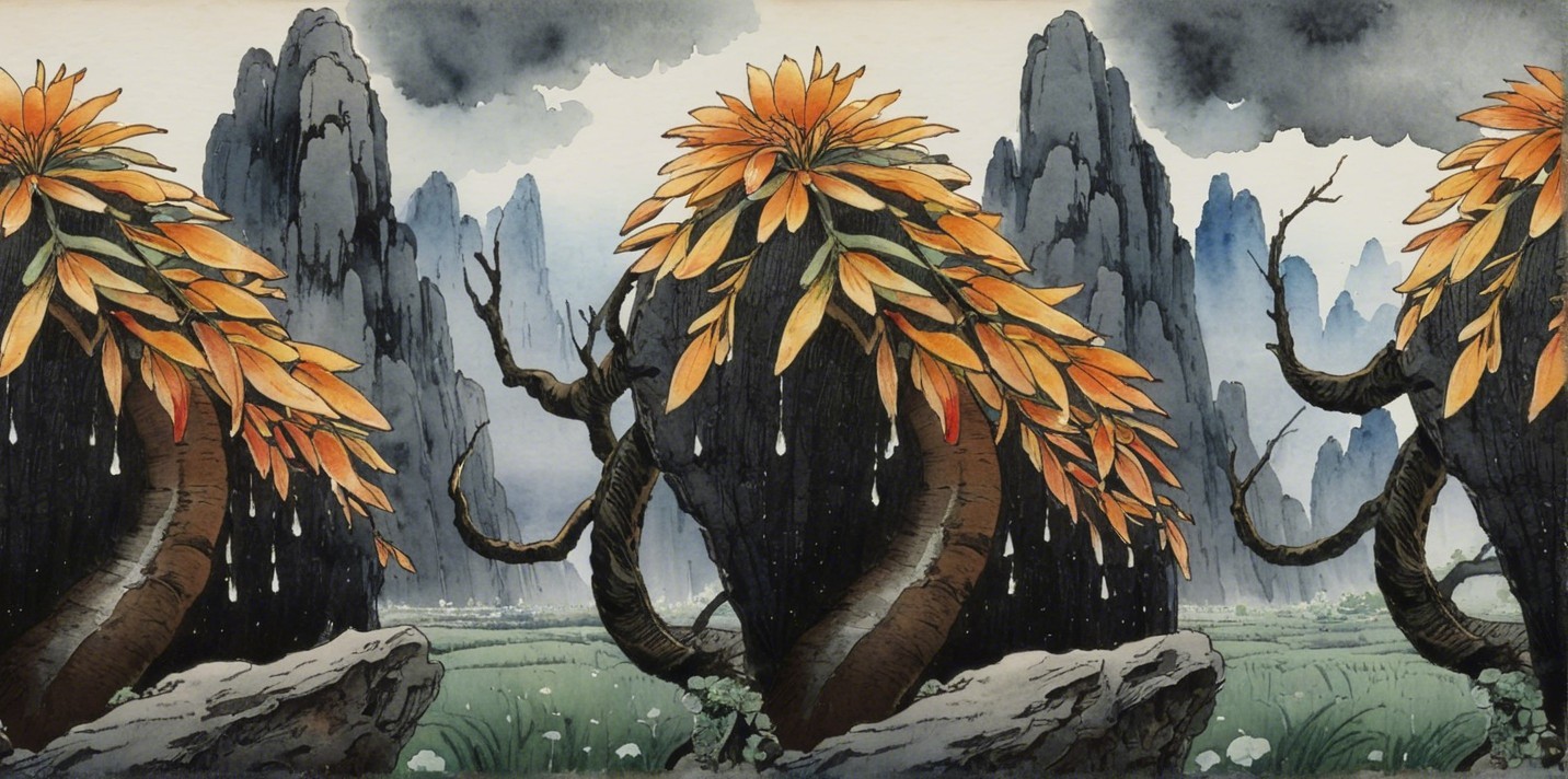 Surreal Landscape with Rocky Mountains and Unique Flora