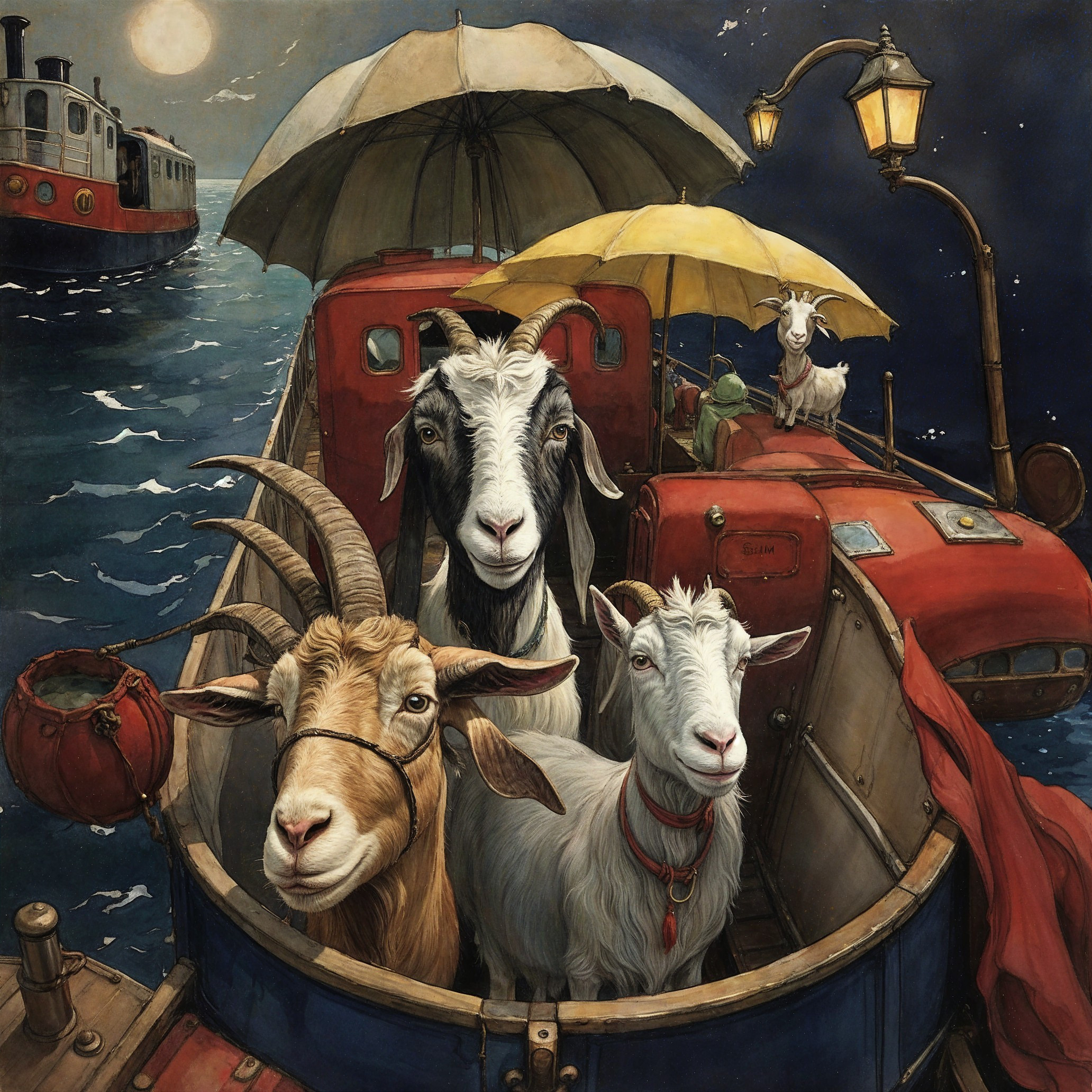 Whimsical Night Scene with Goats on a Boat
