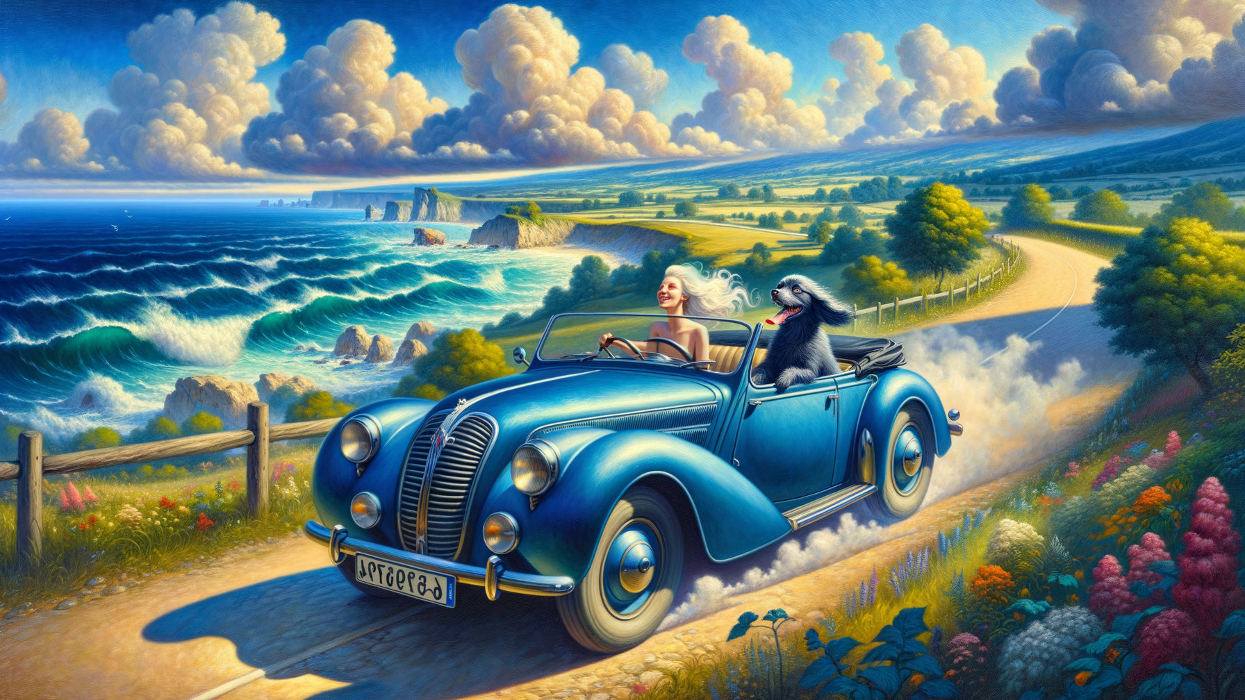 Woman and dog in vintage blue convertible on coast