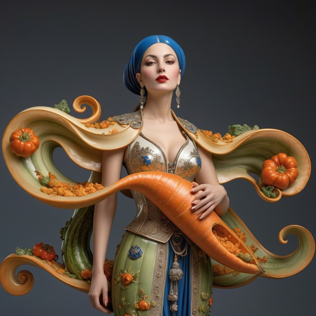 Elaborate gown with vibrant colors and nature elements