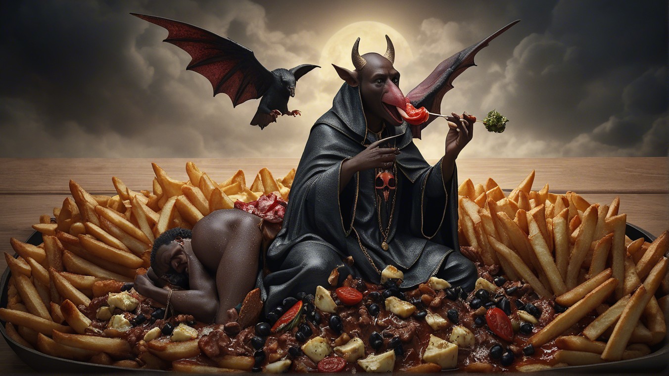 Menacing figure atop golden fries with eerie backdrop