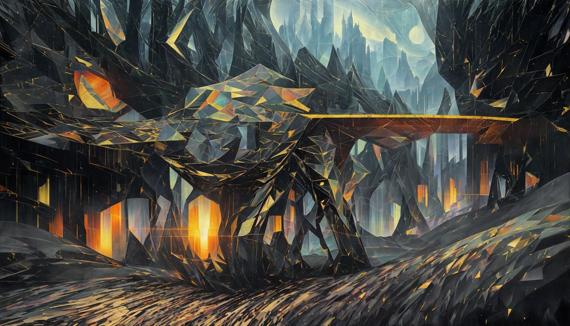 Surreal Landscape with Crystalline Formations and Mountains