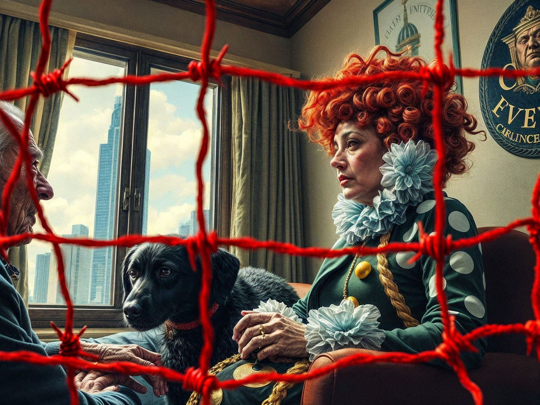 Surreal Scene of Woman with Red Hair in Urban Room