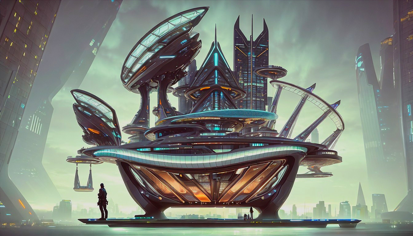 Futuristic cityscape with organic architecture and skyscrapers