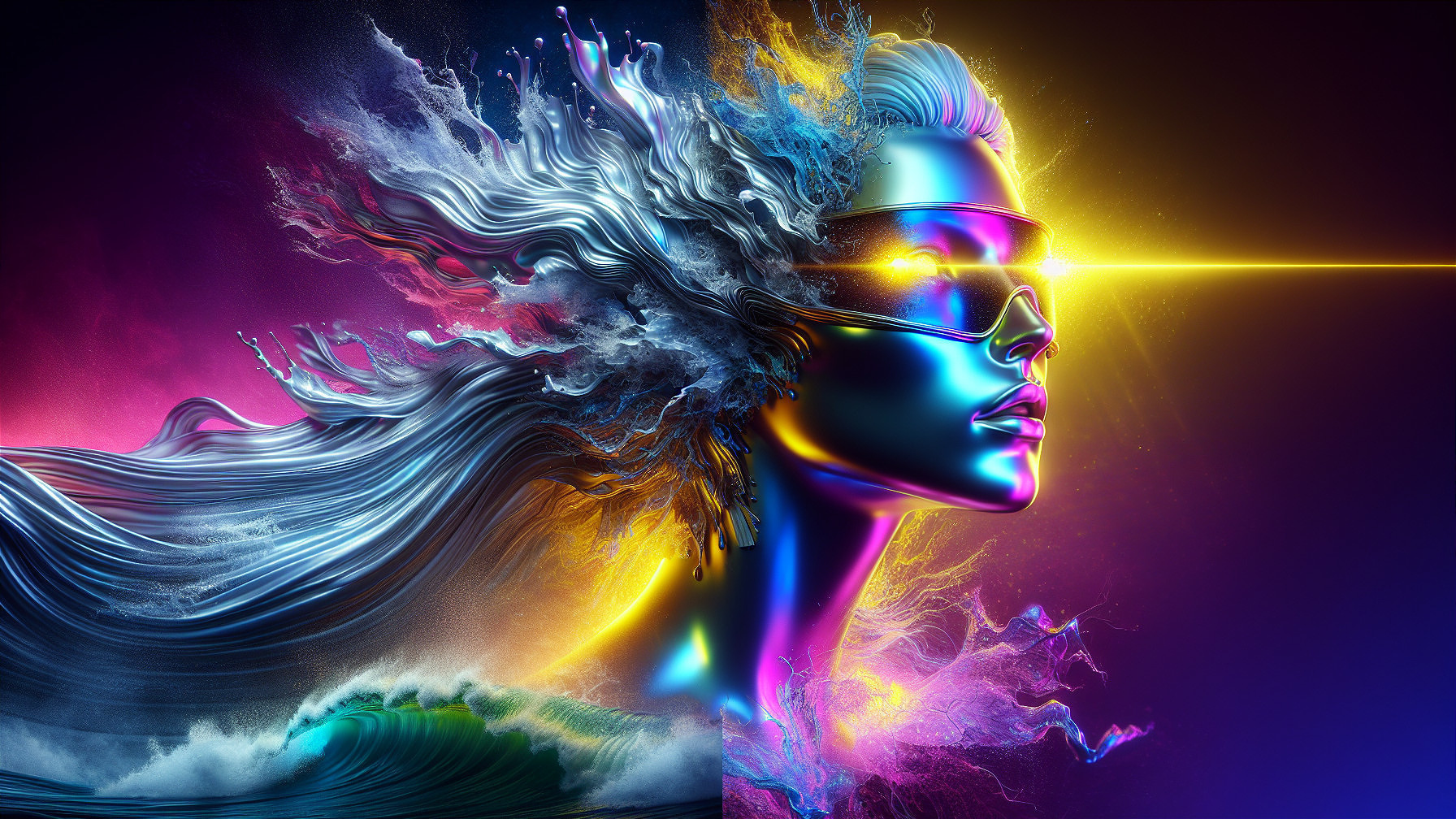 Surreal Digital Artwork of Metallic Figure and Waves