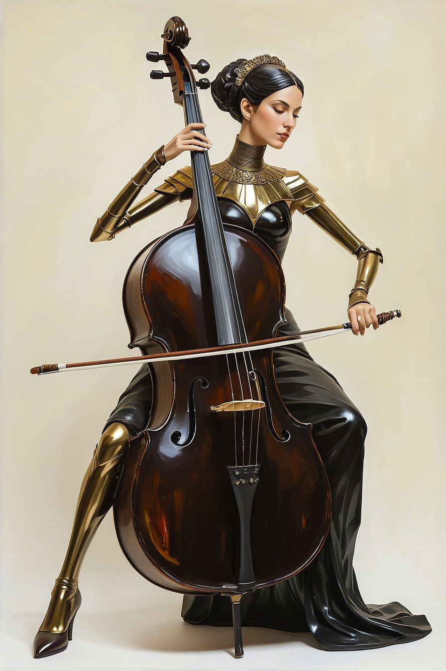Elegant Musician in Black Gown Playing Cello