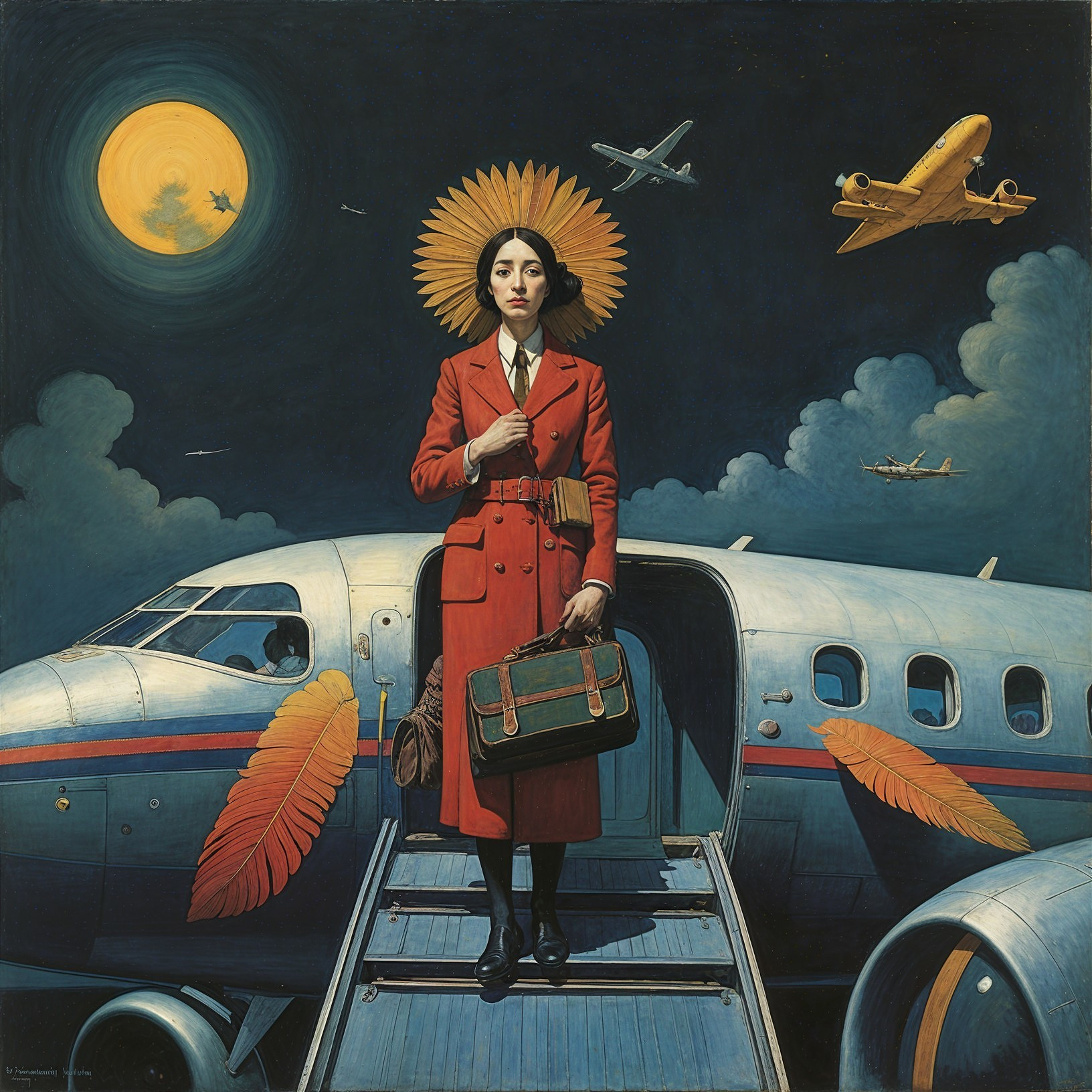 Woman at Airplane Door with Vibrant Feather Patterns