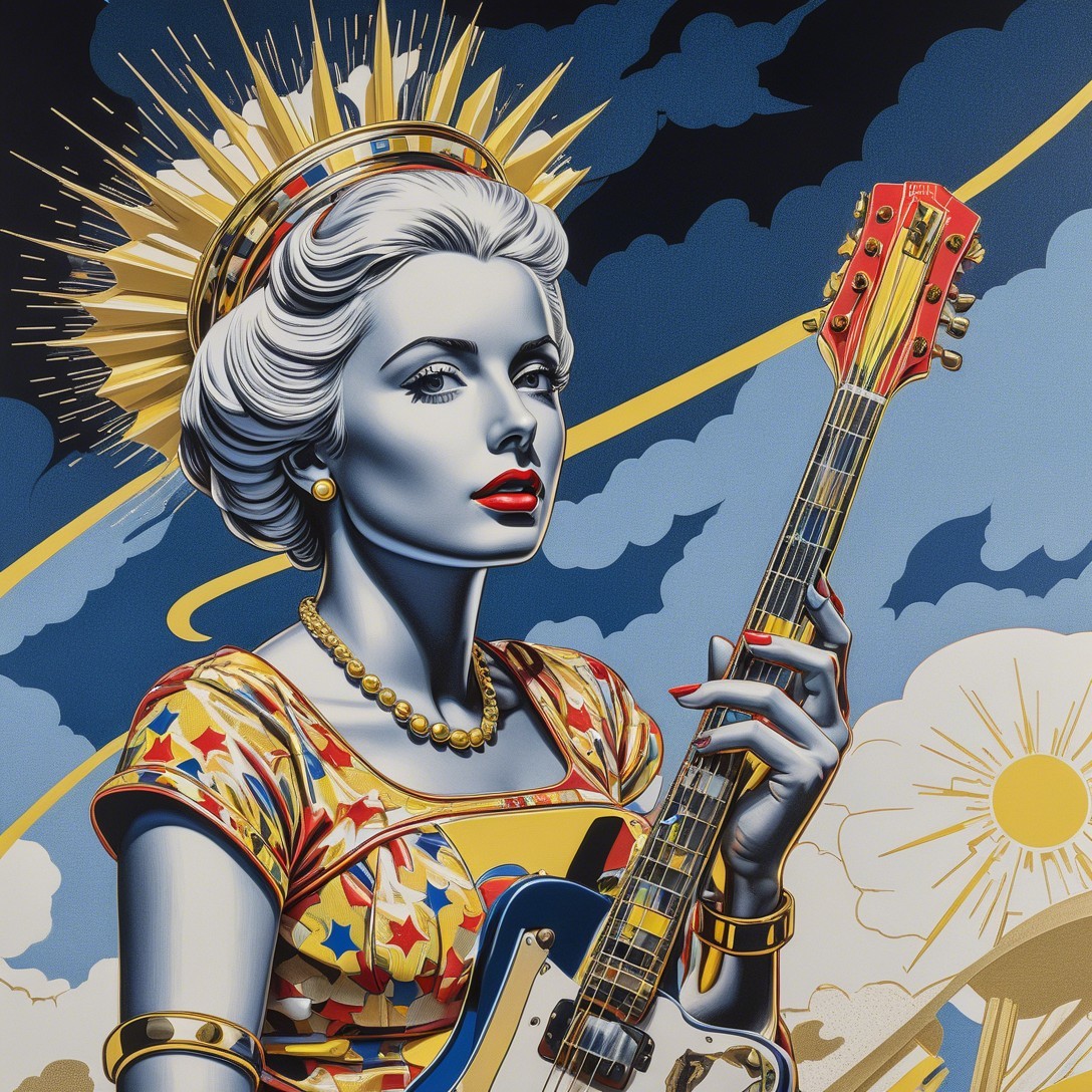 Glamorous Woman Portrait with Electric Guitar and Clouds
