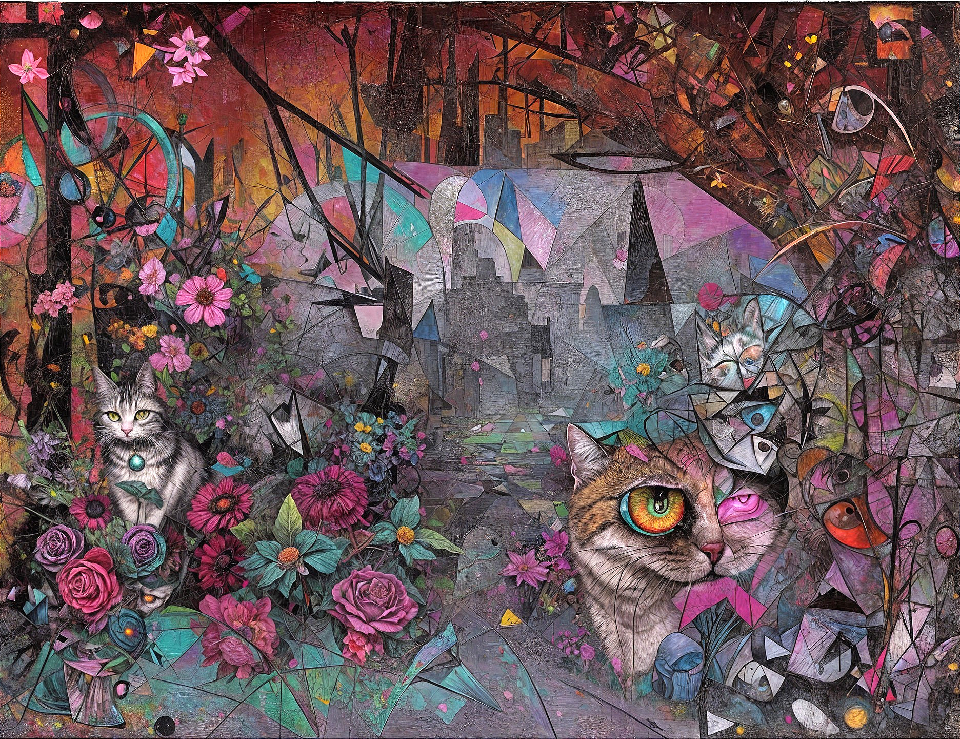 Surreal Landscape with Cats and Vibrant Patterns