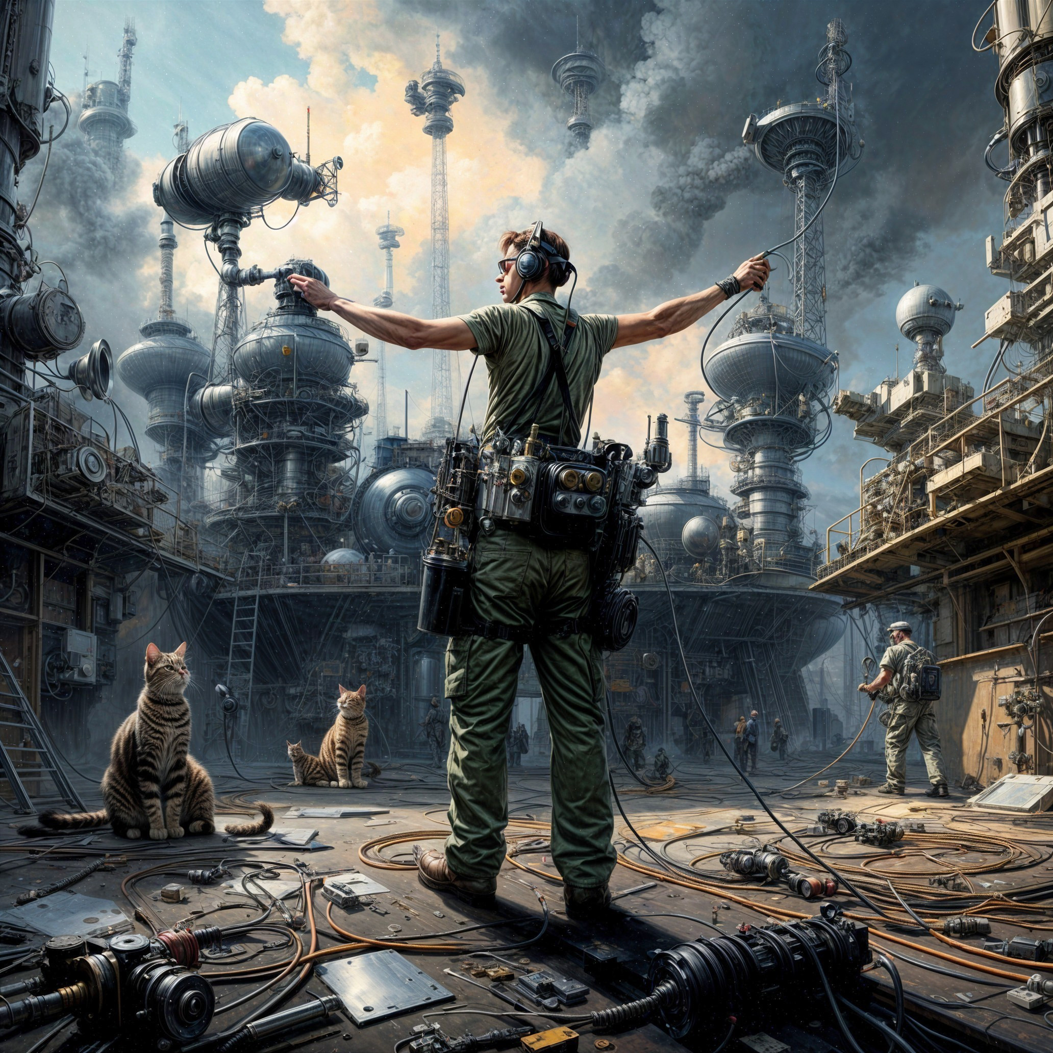 Futuristic Military Figure Among Communication Equipment