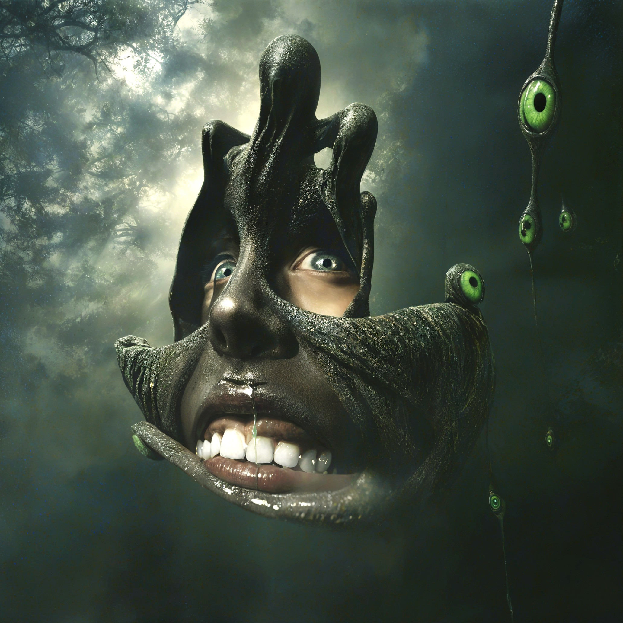 Surreal Portrait of Face in Dark Gooey Substance