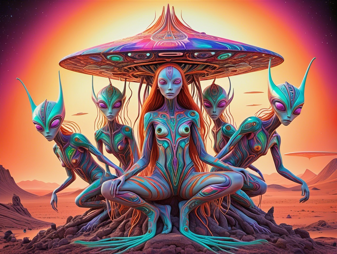 Ethereal Aliens Beneath Futuristic Mushroom Structure