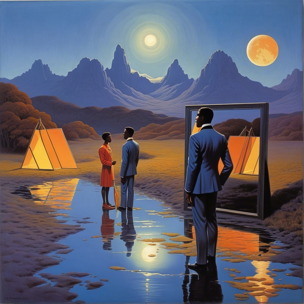 Surreal Twilight Landscape with Reflective Figures