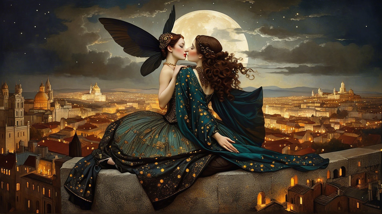 Elegant Women Overlooking Moonlit Cityscape