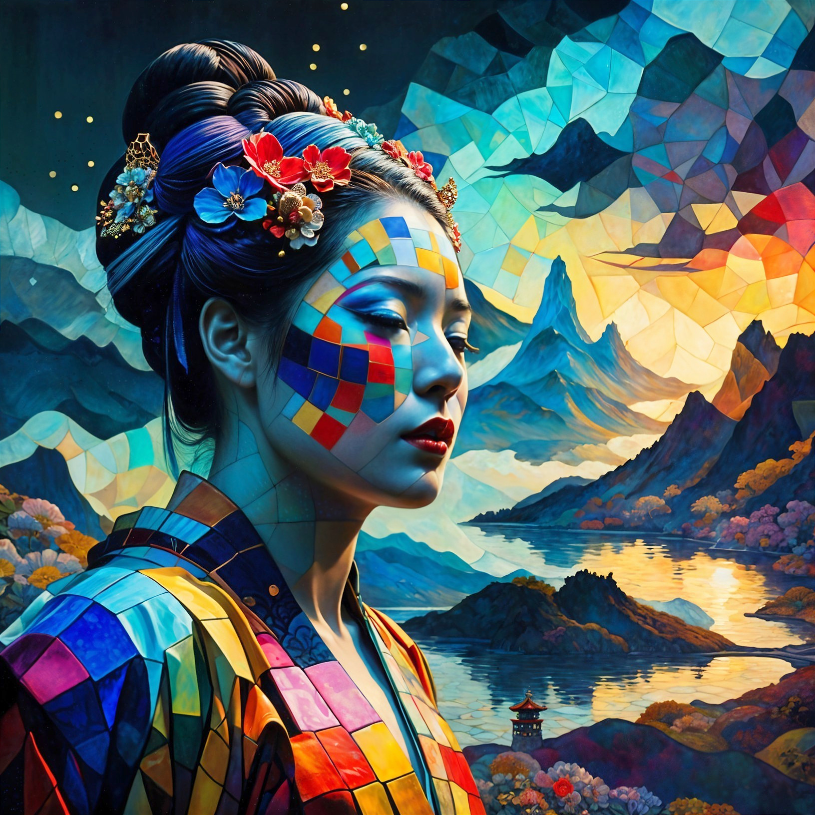 Vibrant Mosaic Garment with Scenic Landscape Background