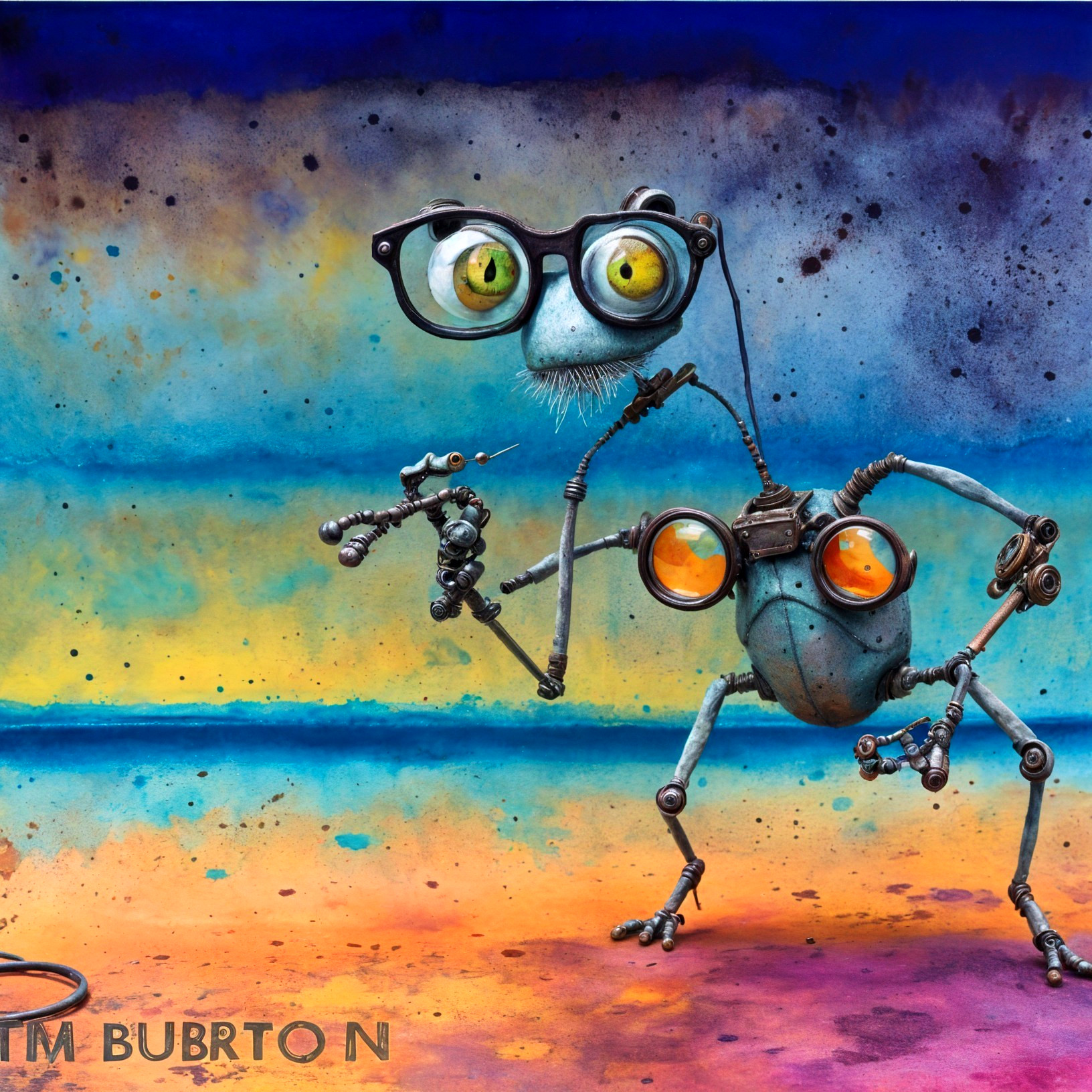 Whimsical Robotic Creatures in Vibrant Background