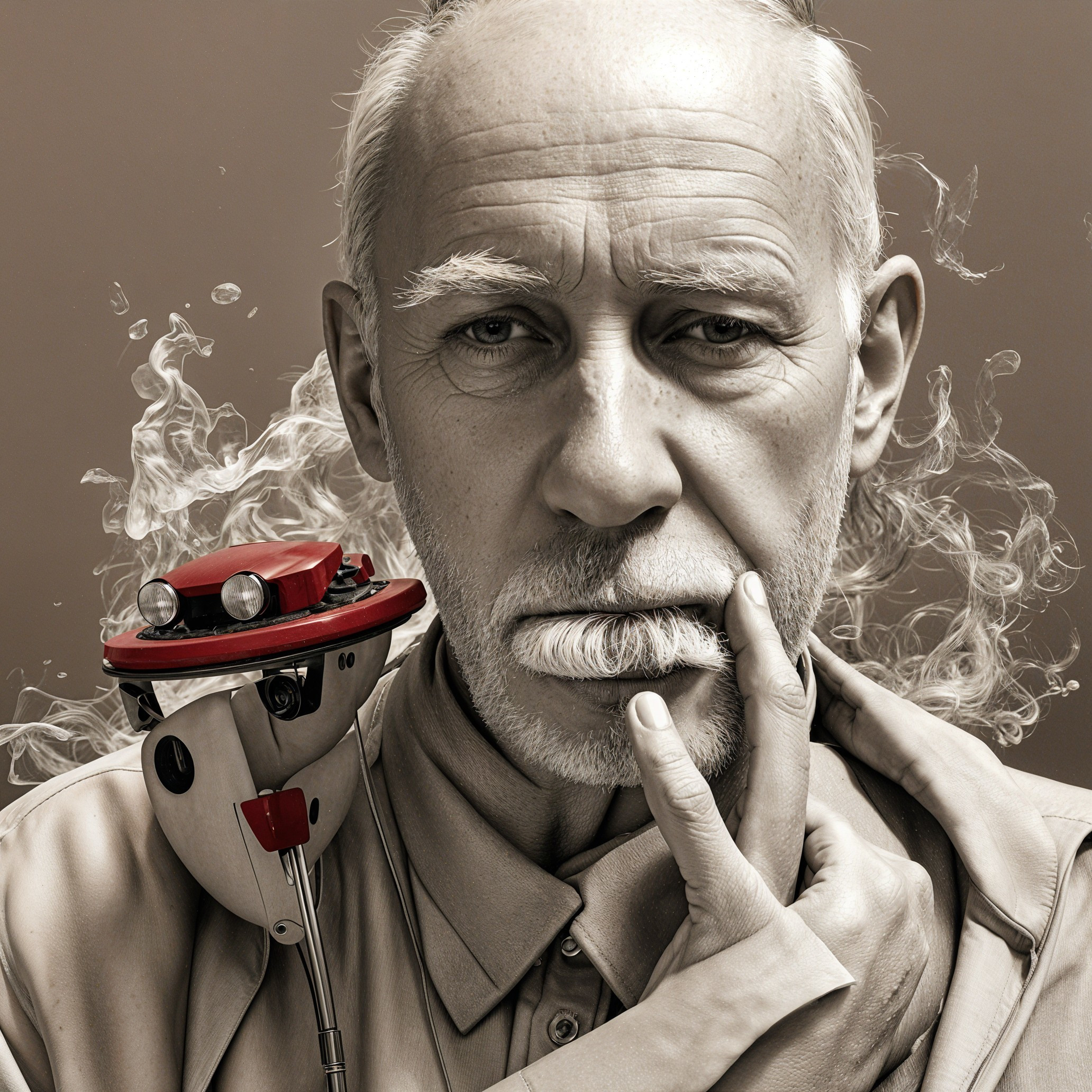 Black-and-white portrait of an older man with toy car