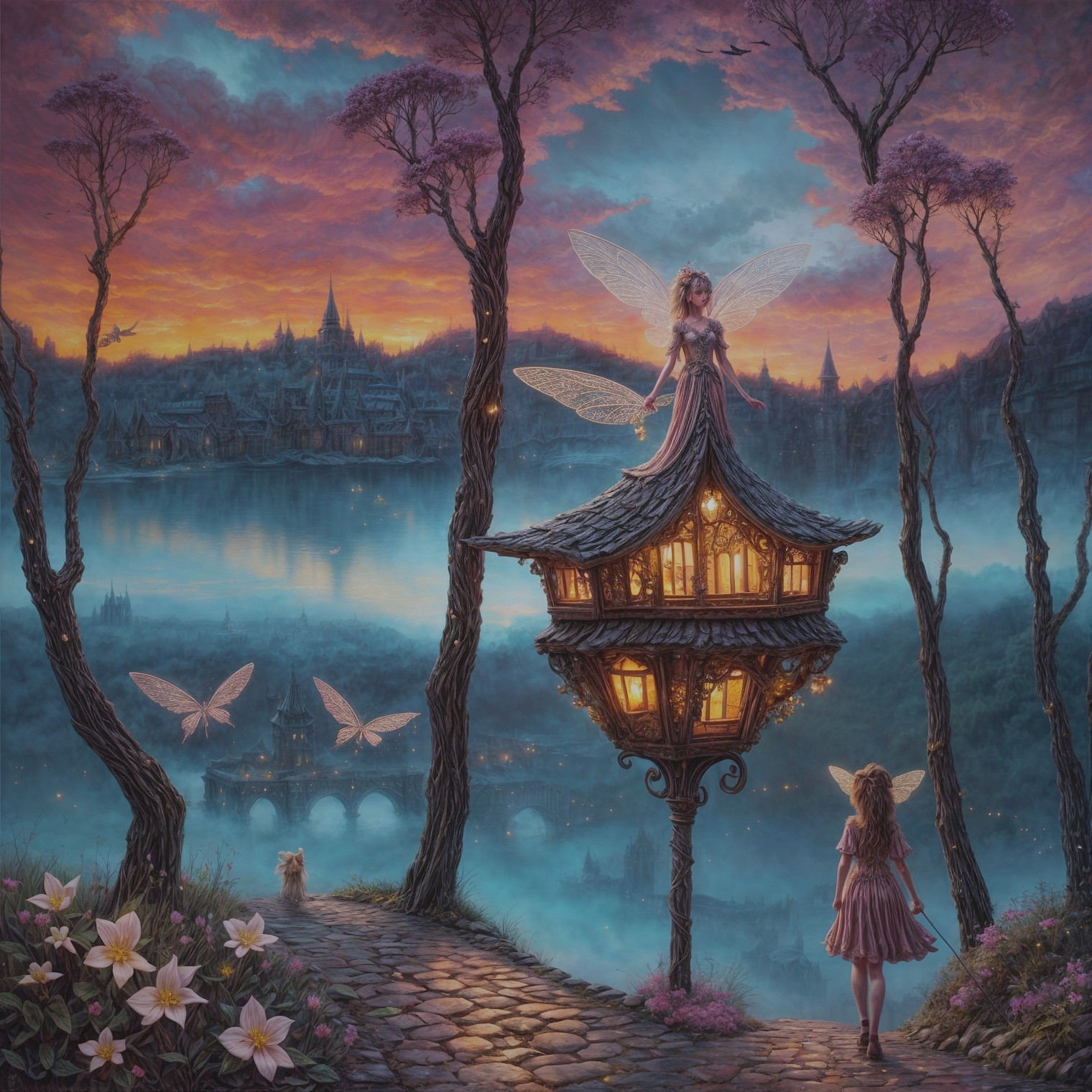 Whimsical Fairy Scene at Twilight by a Serene Lake