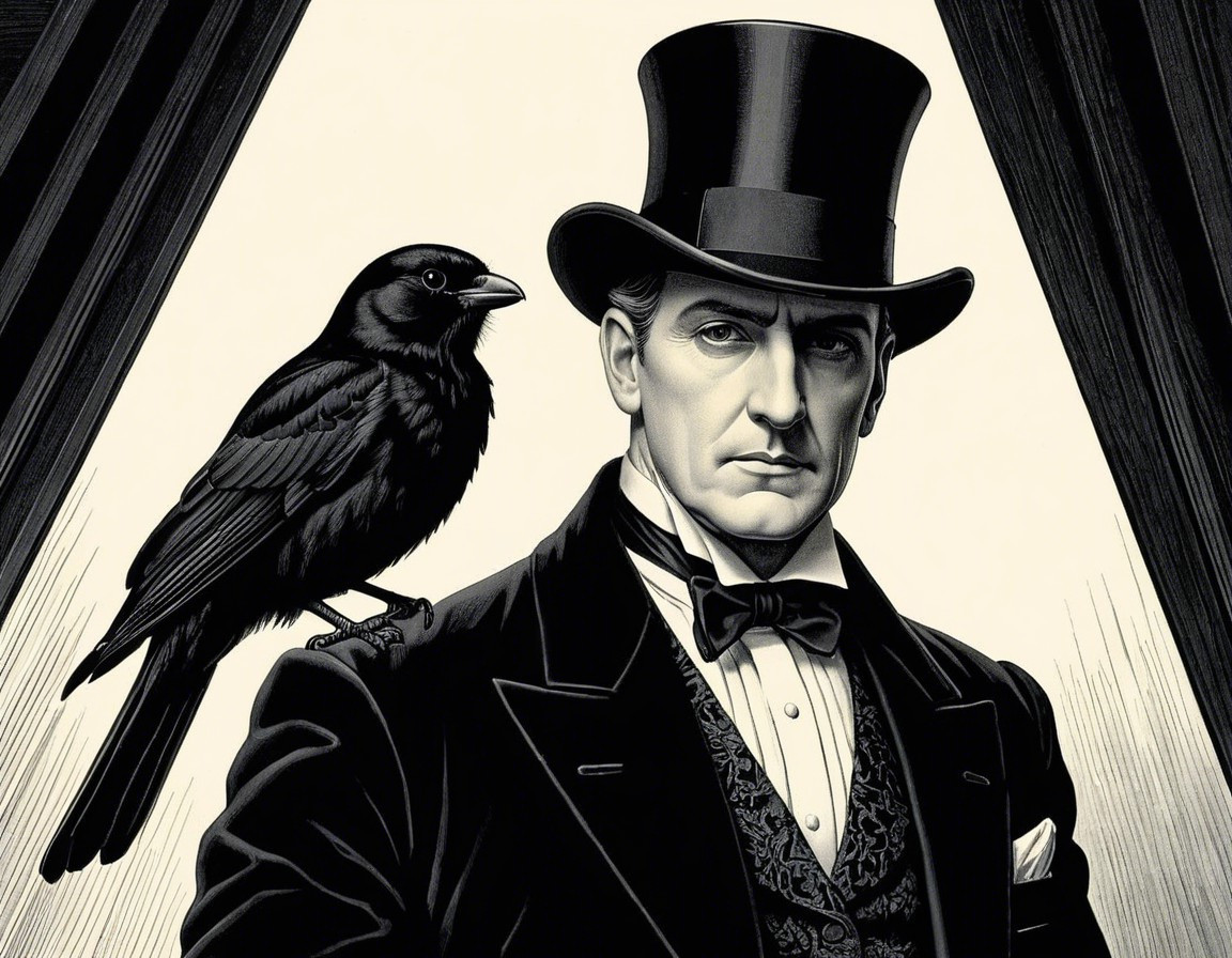 Formal Figure with Raven in Mysterious Setting