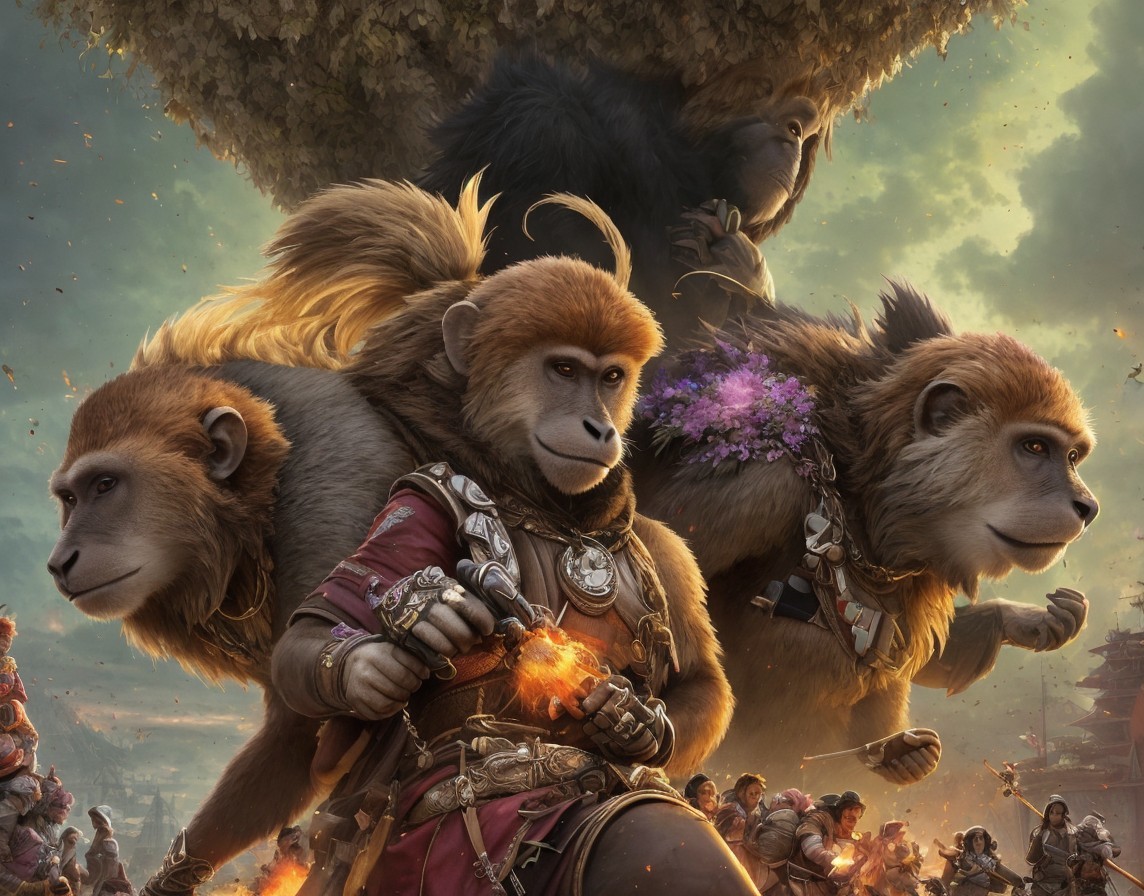 Central character in ornate armor with three monkeys