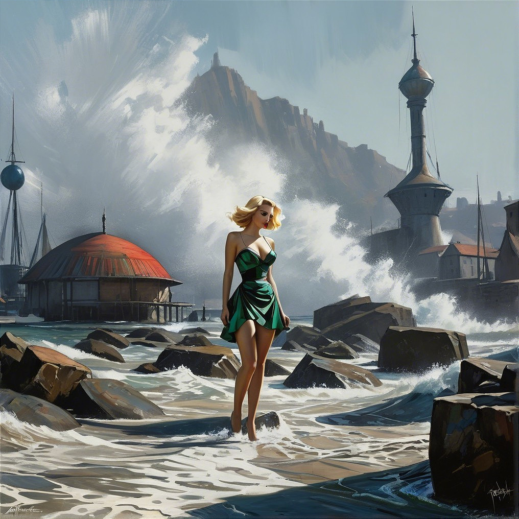 Woman in Green Dress Amidst Waves and Coastal Elements