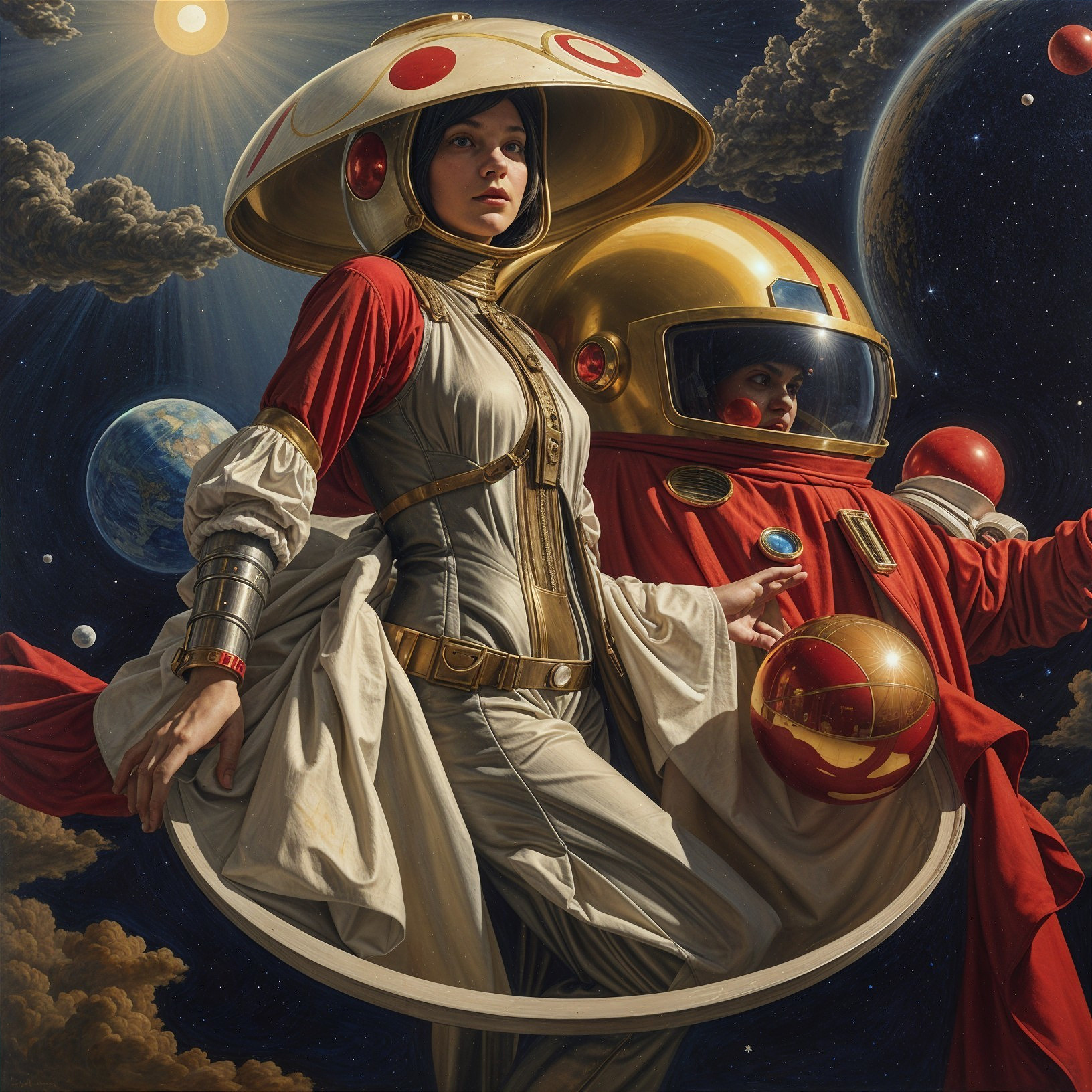 Female Astronaut in Cosmic Scene with Colorful Spheres