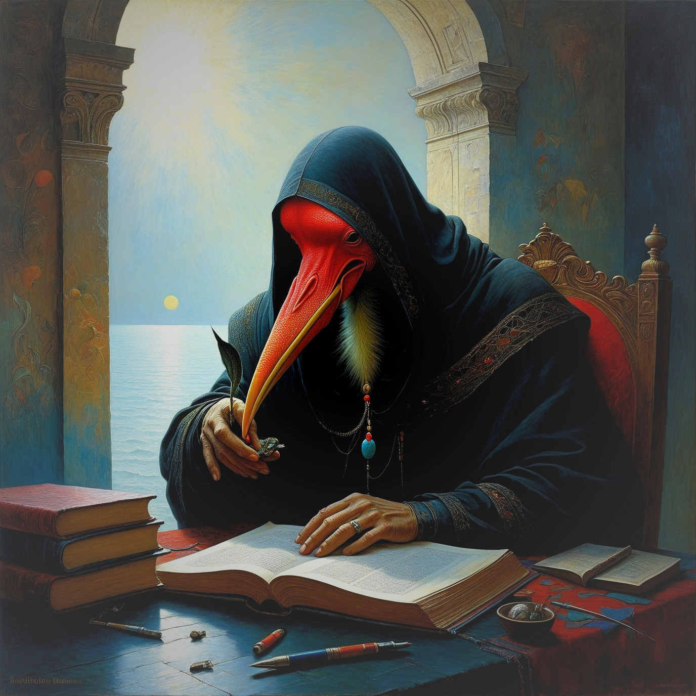 Cloaked Figure with Bird Head Studies Ancient Tome