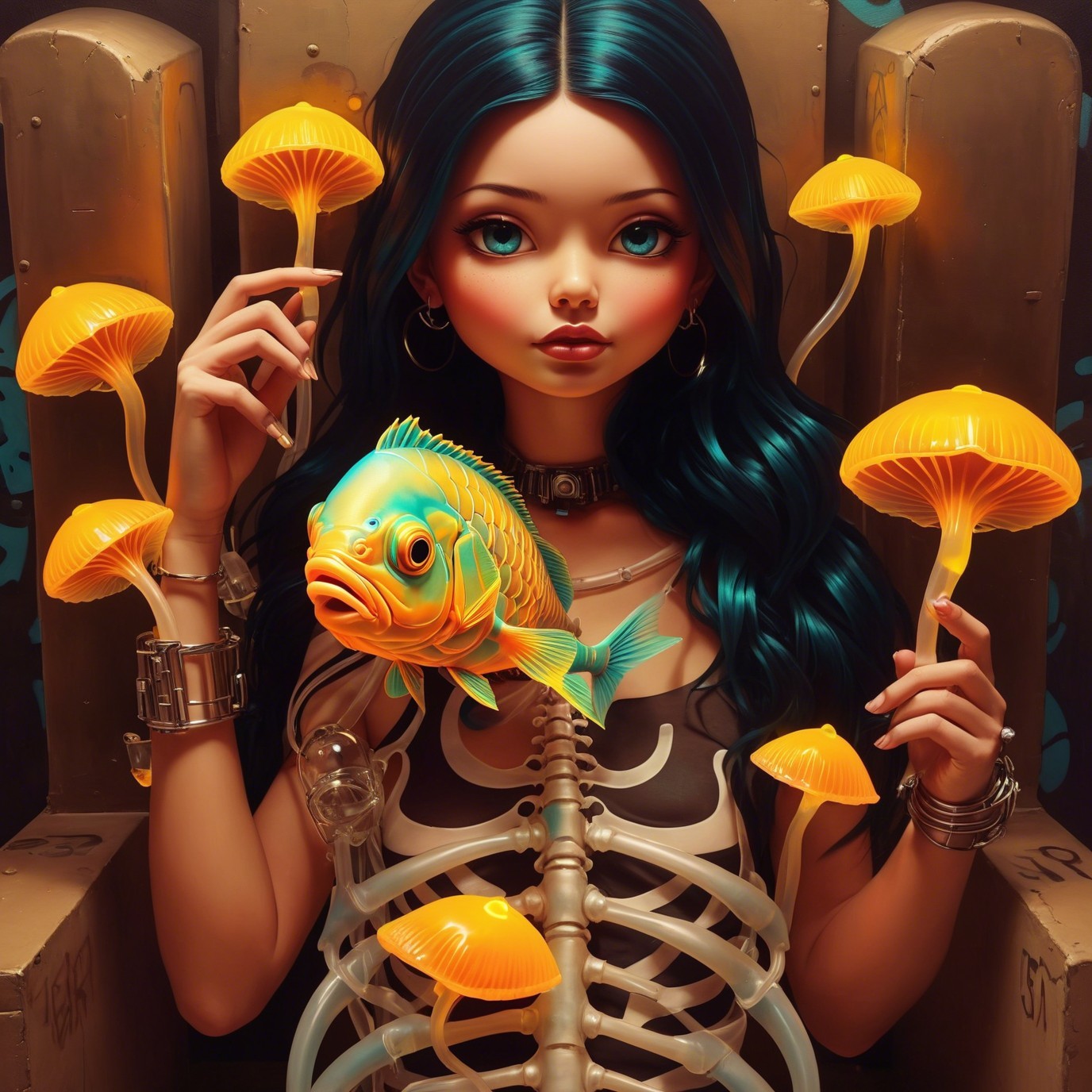 Figure with Dark Teal Hair and Gothic Aesthetics