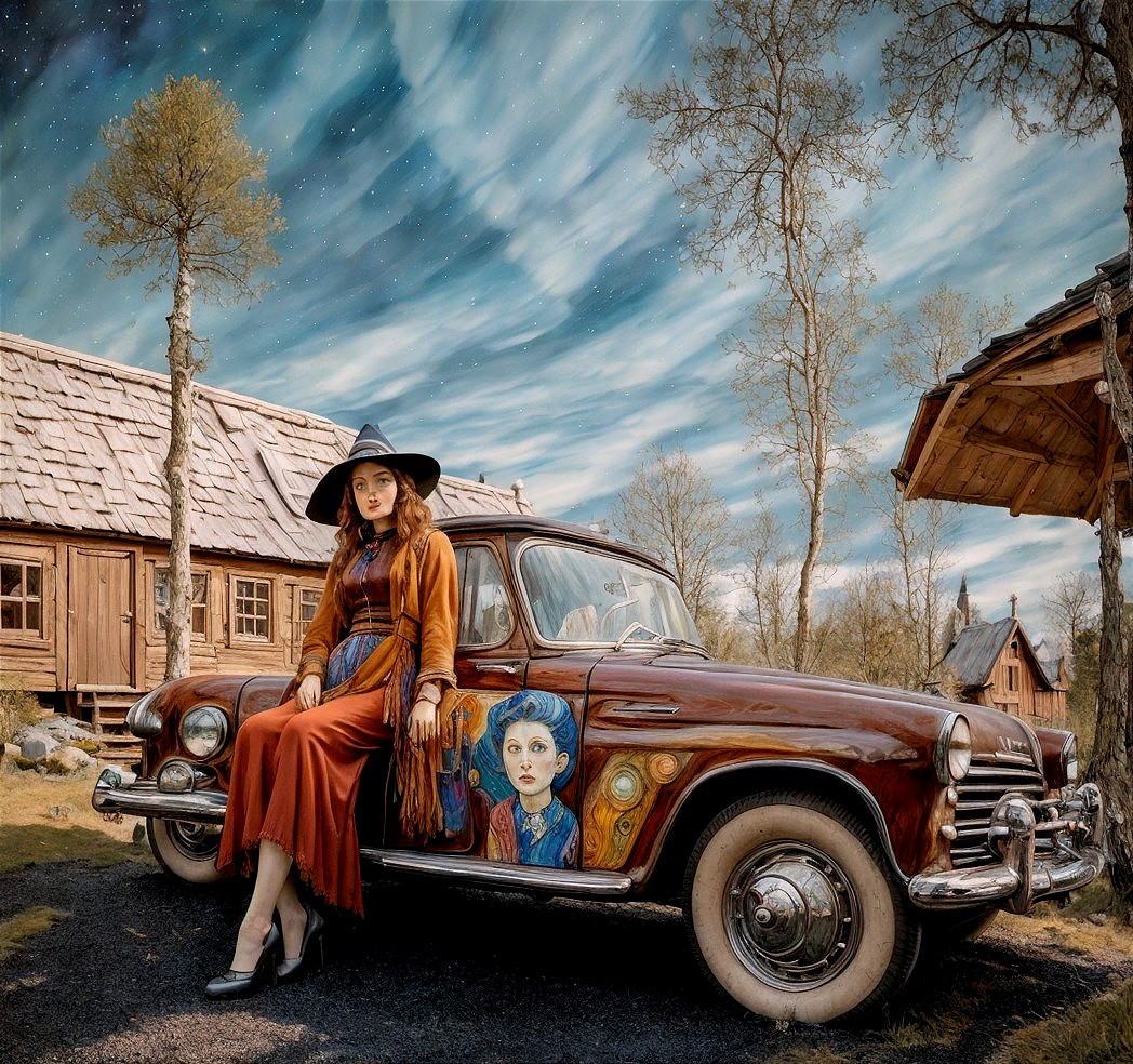 Young Woman in Orange Dress by Vintage Car and Mural